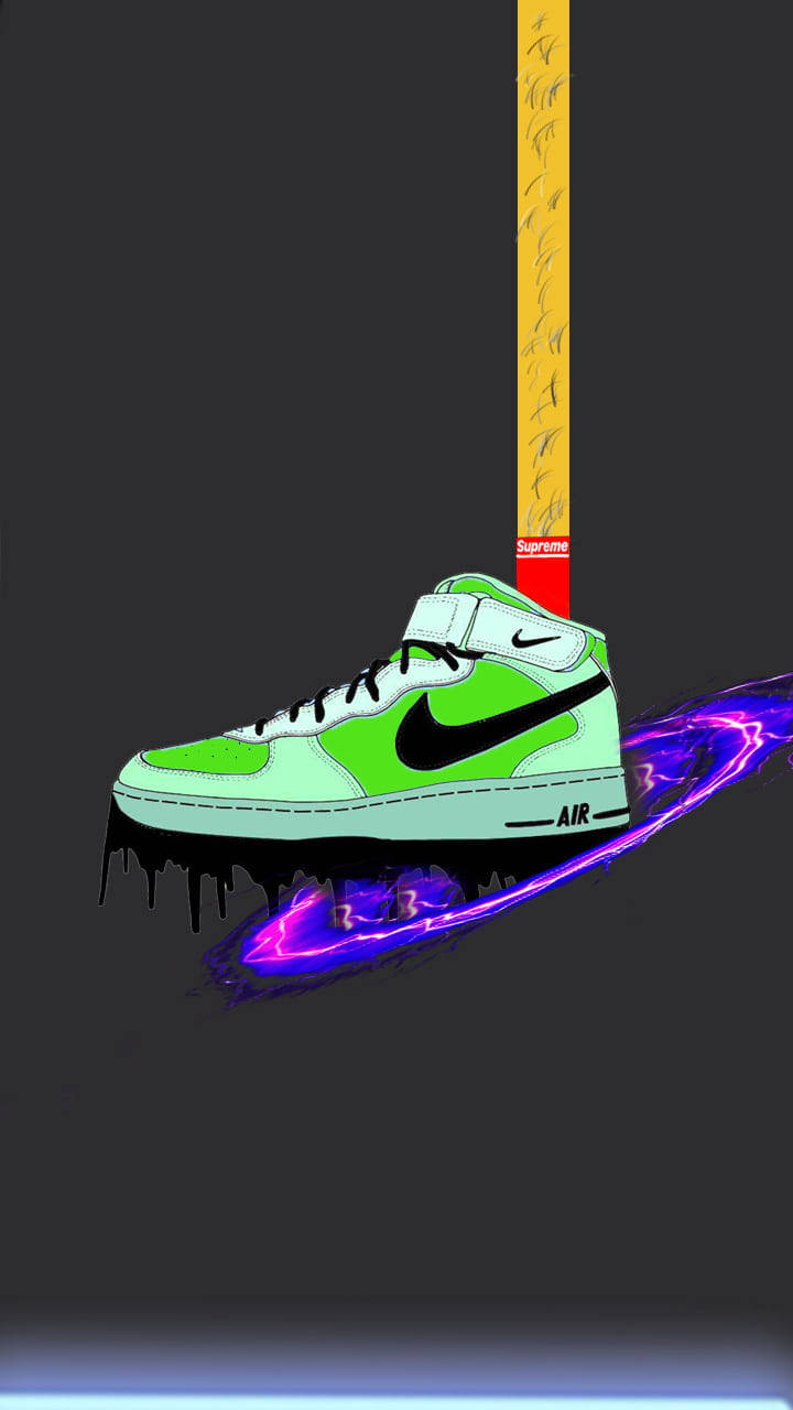 螢光綠色Supreme x Nike Air運動鞋，帶有黑色滴落和紫色發光痕跡。