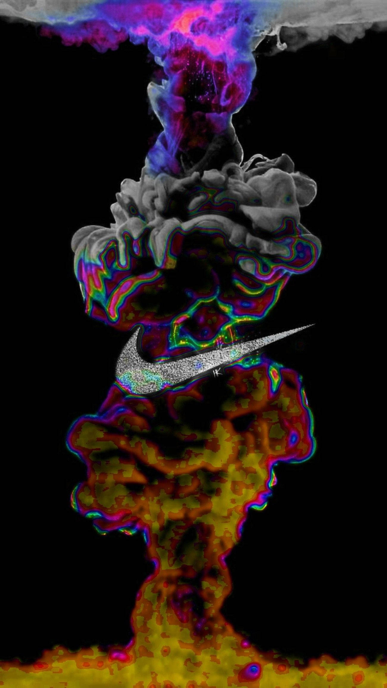 穿上這款獨特塗鴉藝術，展現你的Nike風格 壁紙 — 充滿活力的數位爆炸，旋轉的霓虹煙霧在黑色虛空中形成核心的Nike勾勾。