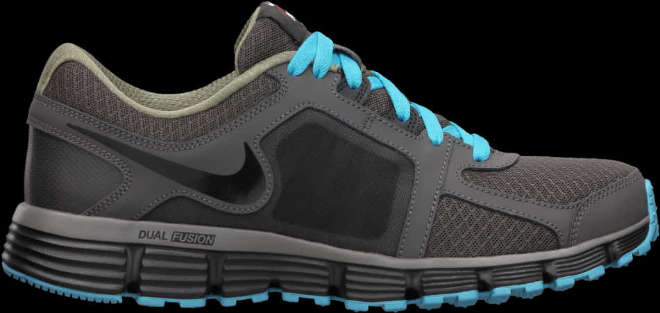 Nike Dual Fusion 跑鞋 黑藍配色 壁紙 — 一雙時尚的灰色Nike跑鞋，帶有鮮豔的藍色鞋帶和鞋底點綴，在純黑色背景下脫穎而出。