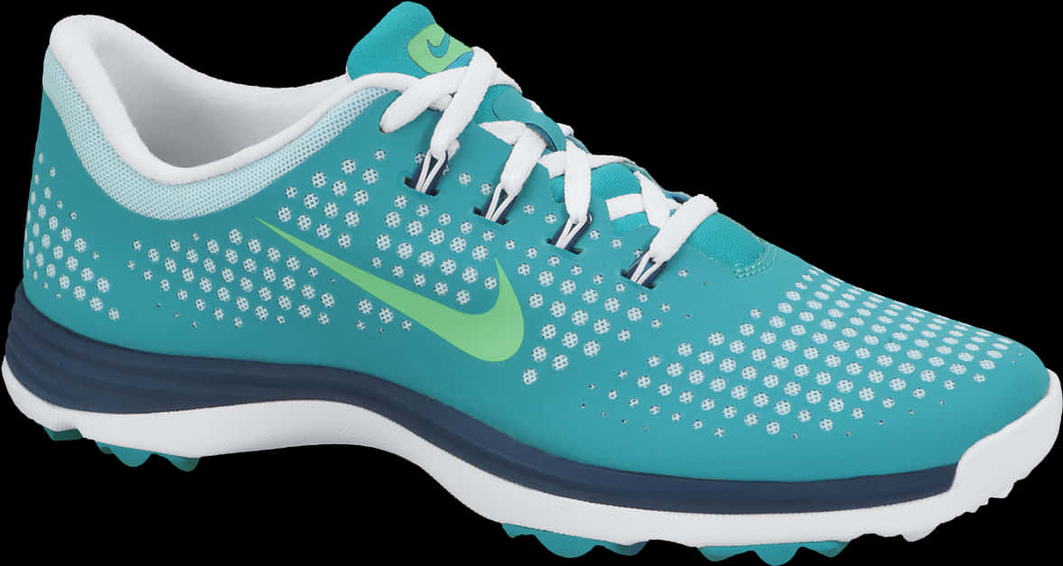 青綠色 Nike 高爾夫鞋 壁紙 — 一雙充滿活力的藍綠色Nike高爾夫球鞋，配有白色鞋帶和穿孔網眼質感，背景為黑色。