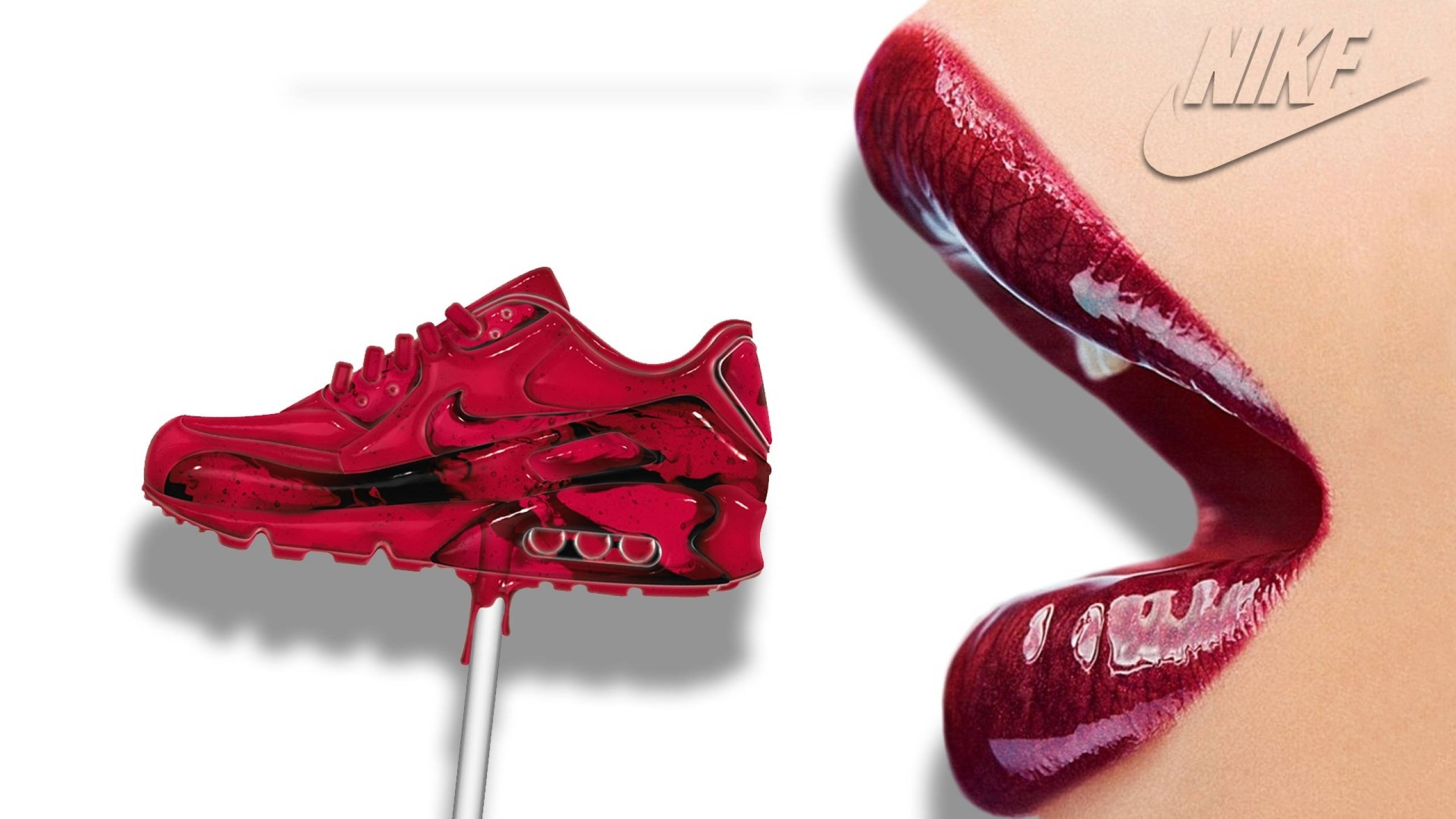 Nike Girl脣部與棒棒糖鞋 壁紙 — 白色背景上，一個光澤紅色Nike Air Max波鞋造型的棒棒糖，旁邊有一支相配的紅色唇彩管。