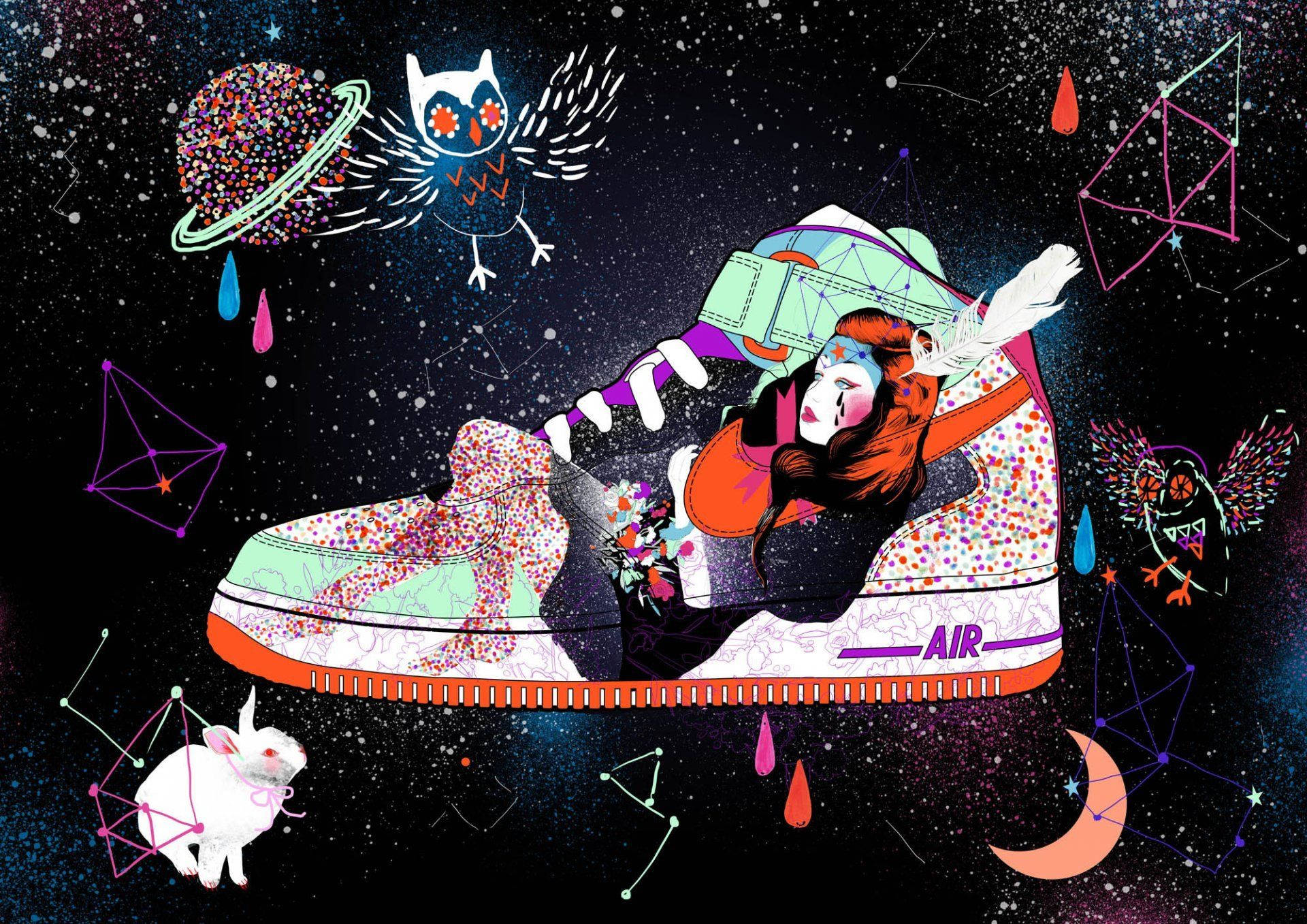 Nike Girl圖案印於Nike鞋款 壁紙 — 一幅異想天開的插圖，描繪一個女孩在漂浮於星空宇宙場景中的巨型運動鞋內休息，周圍有貓頭鷹、兔子和幾何星座。