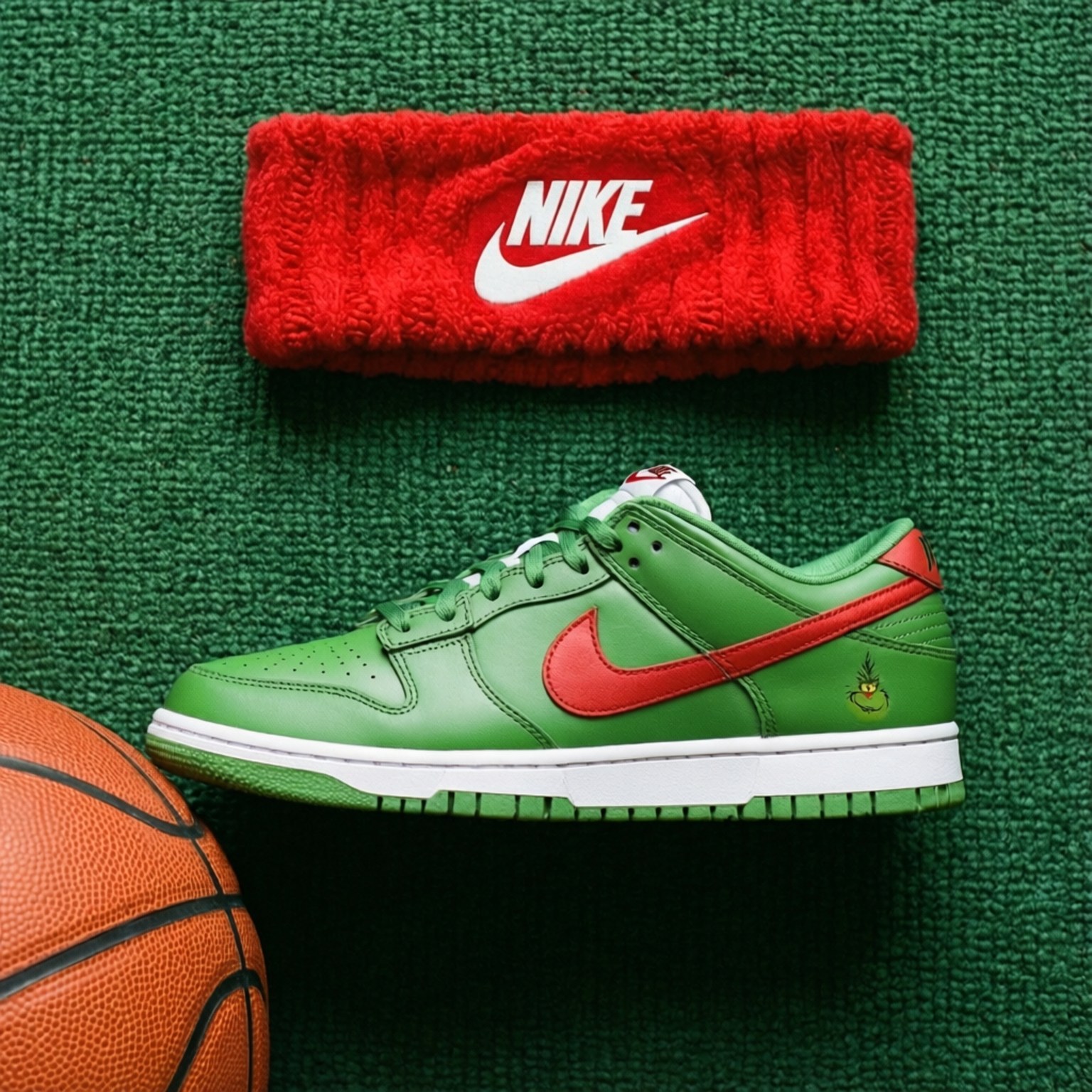 綠色Nike Dunk運動鞋（帶Grinch標誌）旁邊放著籃球和紅色頭帶，置於綠色地毯上。