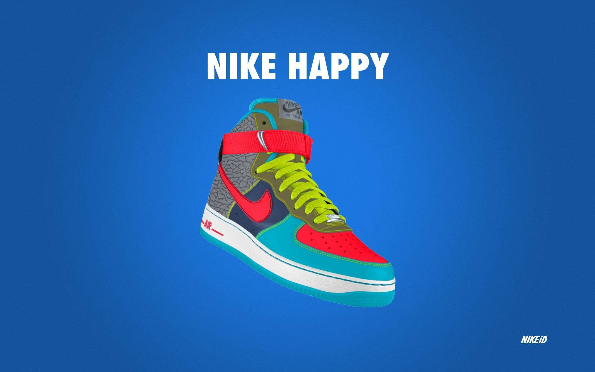 Nike鞋履 Happy 主題 壁紙 — 一雙色彩鮮豔的Nike運動鞋，帶有紅色、青檸綠色和藍綠色點綴，漂浮在純藍色背景上，並帶有'NIKE HAPPY'文字。