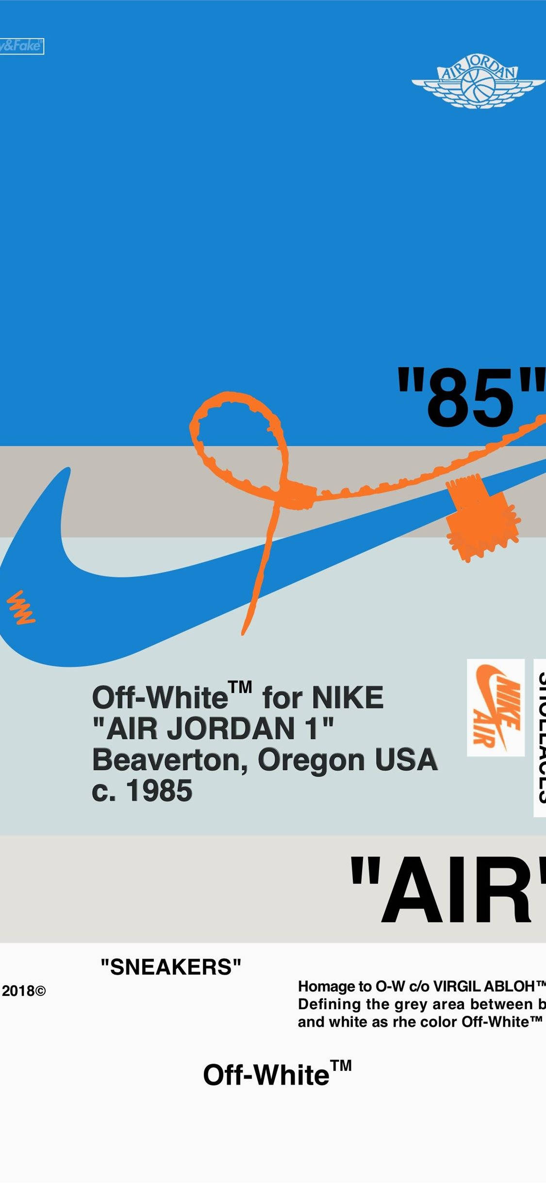 Nike iPhone 飛機票設計壁紙 壁紙 — 極簡圖形設計，採用藍色Nike勾勾搭配橙色縫線，以及參照Off-White 1985 Air Jordan 1聯名款的文字元素。