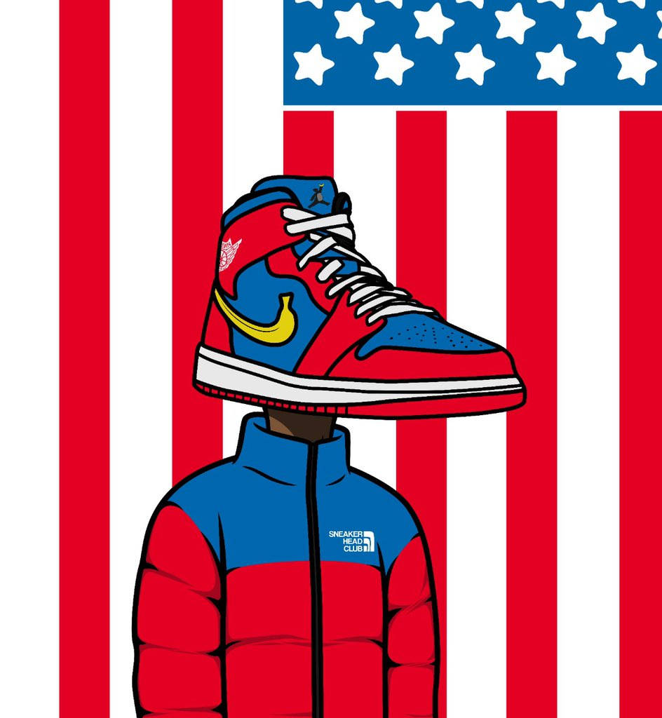Nike Jordan卡通運動鞋頭搭配美國國旗背景 壁紙 — 一個風格化的人物穿著紅色和藍色的羽絨外套，頭部是一個運動鞋，站在美國國旗背景前。