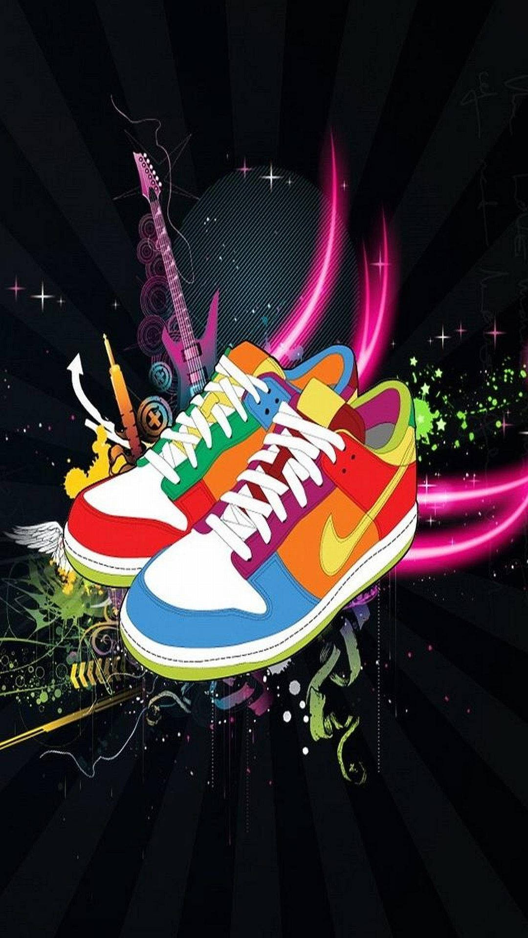 穿著這款時尚Nike鞋，展現清新造型 壁紙 — 充滿活力的塗鴉風格運動鞋在黑暗星空背景下，以霓虹色彩、電光條紋和樂器元素爆炸呈現。