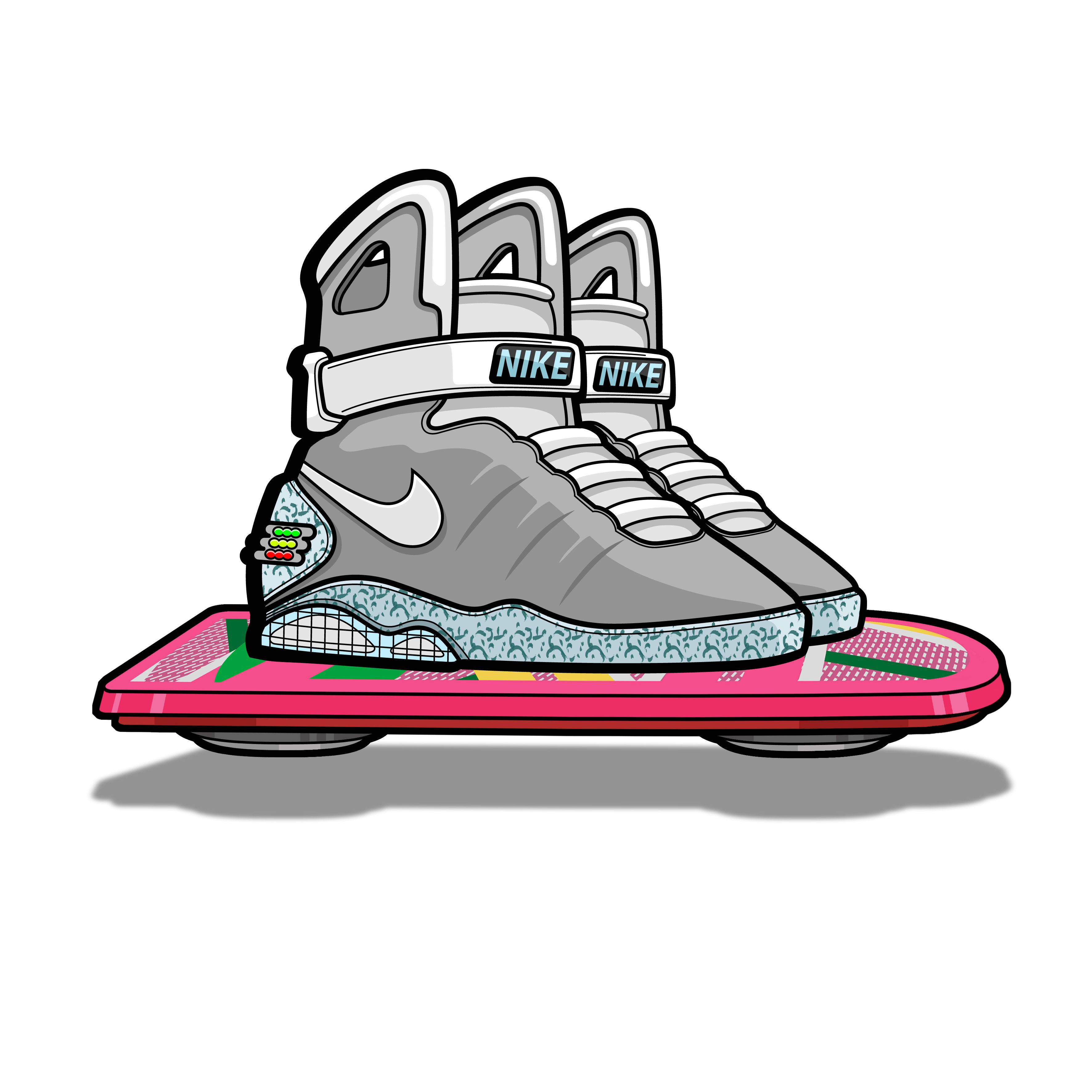 Nike Mag卡通鞋 壁紙 — 一對灰色Nike懸浮滑板運動鞋帶有彩色點綴，放在白色背景的粉紅色懸浮滑板上。