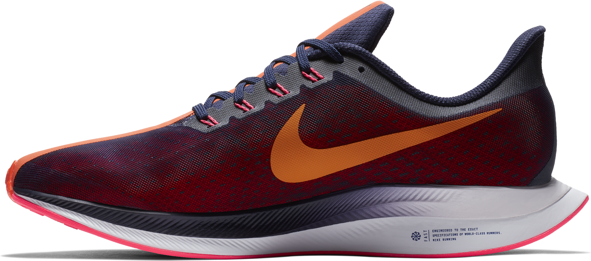 Nike 跑鞋側面視圖 壁紙 — 一雙時尚的Nike跑鞋，紅色網面鞋面、橙色勾勾和粉紅色點綴，配黑色背景。