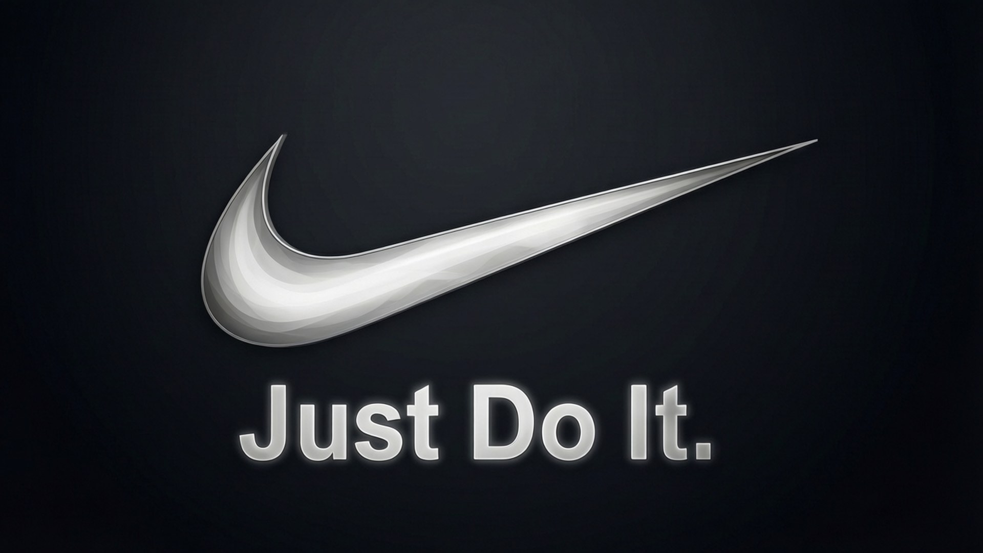 銀色Nike swoosh標誌，帶有'Just Do It.'文字，深色背景