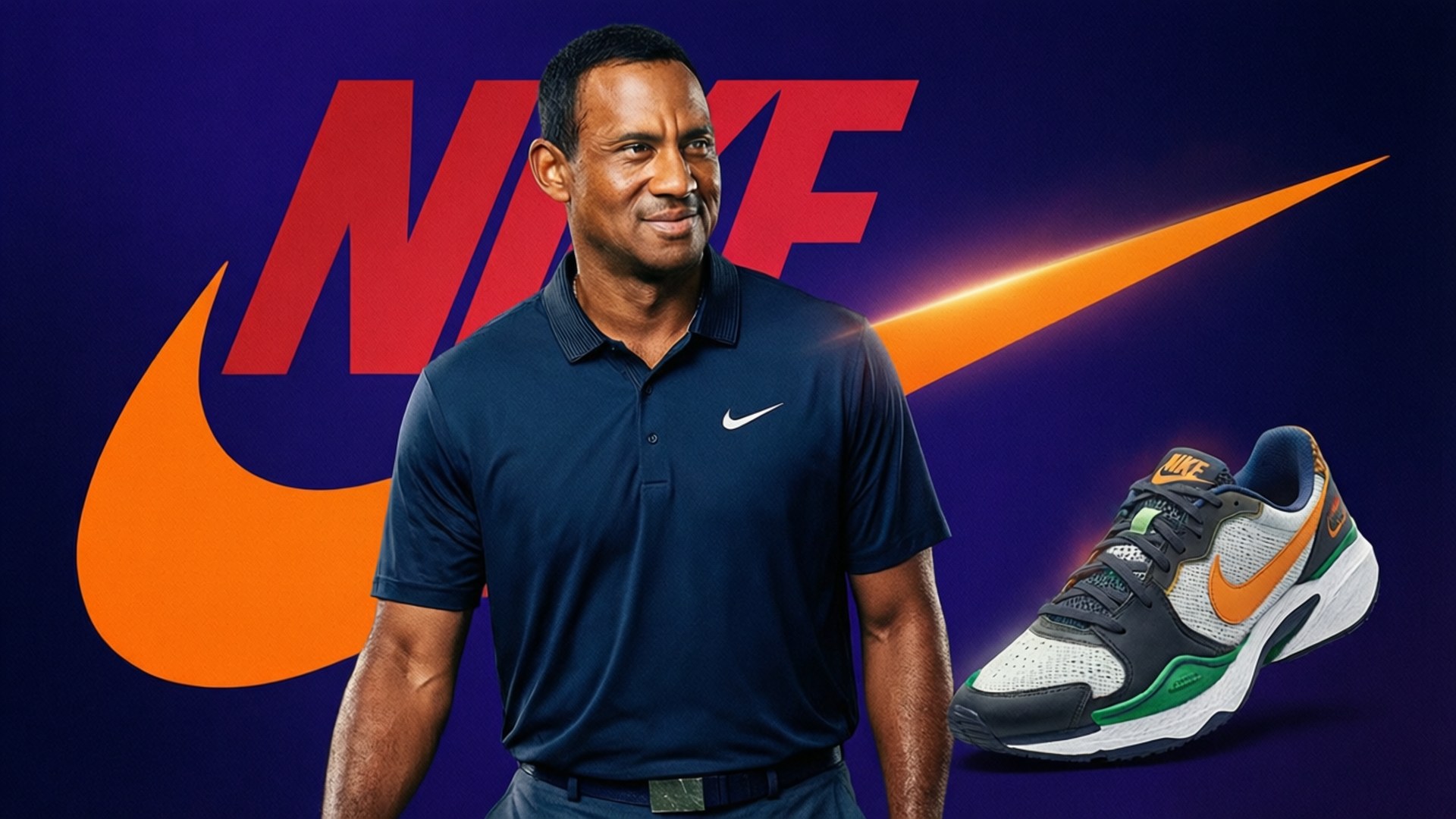 Tiger Woods 身穿深藍色 Nike 馬球衫，旁邊有帶橙色 swoosh 的 Nike 運動鞋，背景為紫色
