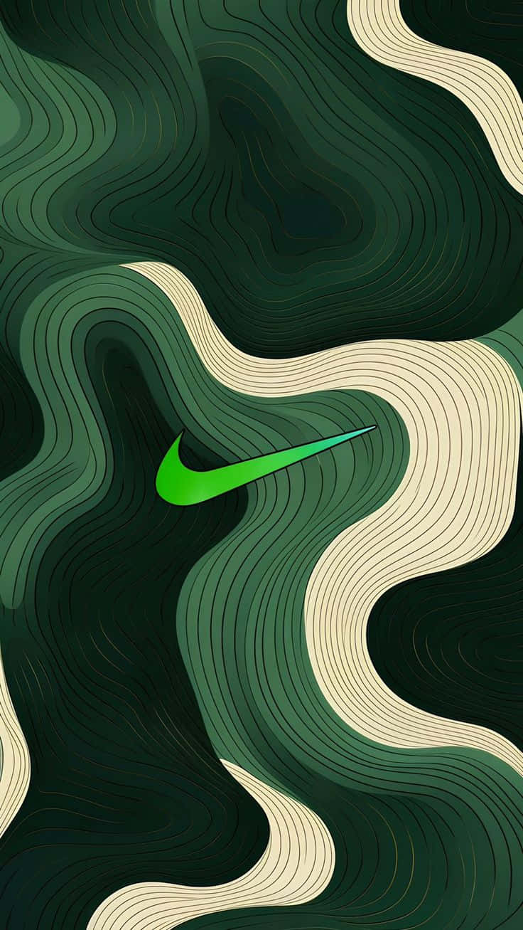 Nike 抽象壁紙 壁紙 — 一個充滿活力的綠色Nike勾從旋轉的深綠色和奶油色地形線中浮現。