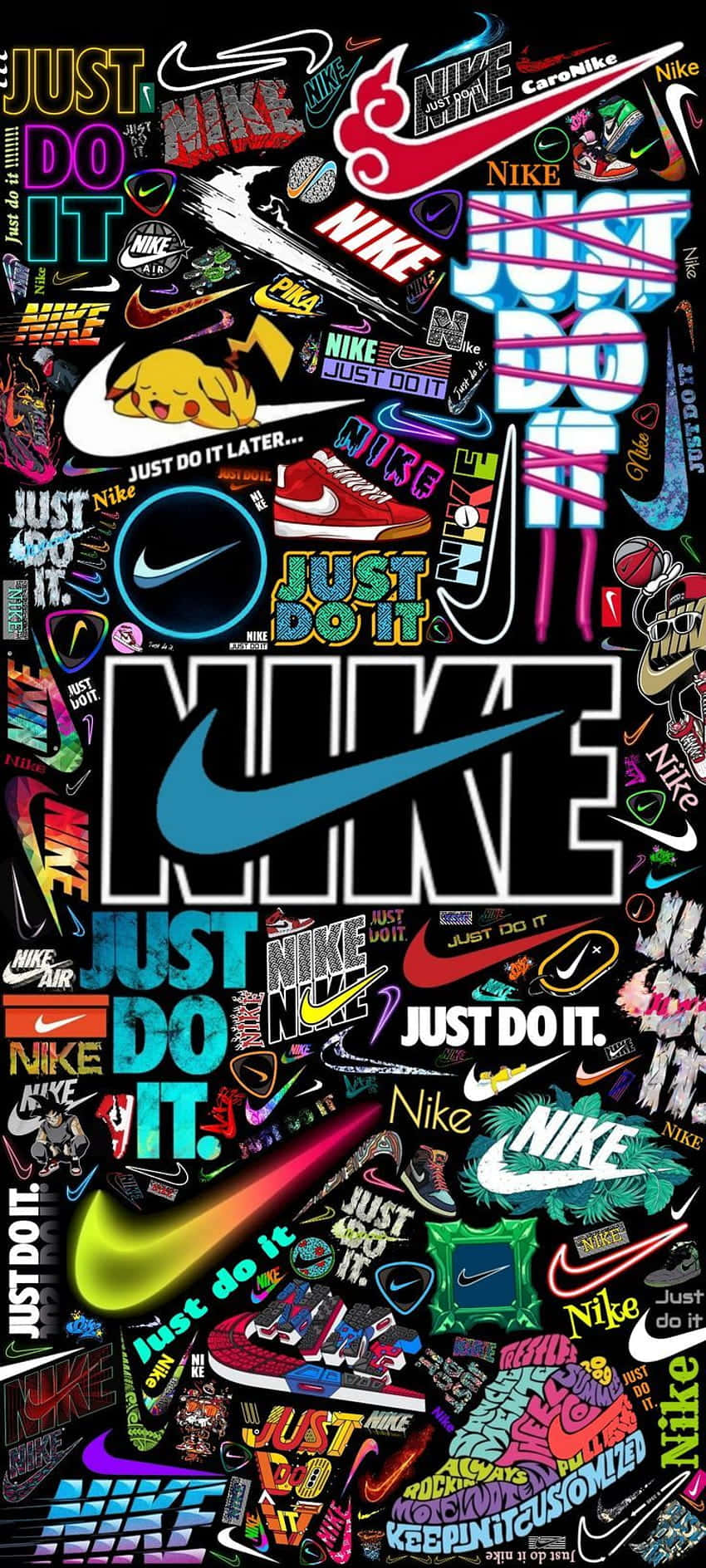 在黑色背景上，帶有口號和運動鞋的充滿活力的Nike標誌拼貼畫。