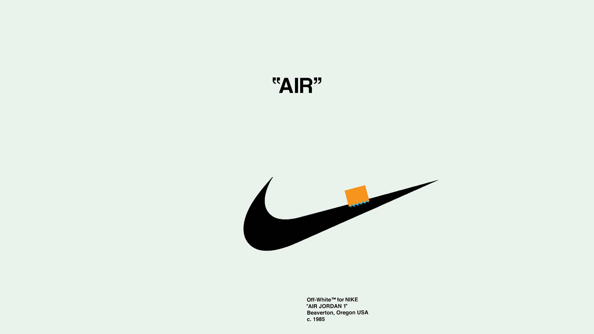 Nike 與 Off White 標誌 壁紙 — 淺綠色背景上，黑色Nike剔號尖端帶有細小橙色擦膠的極簡圖形。