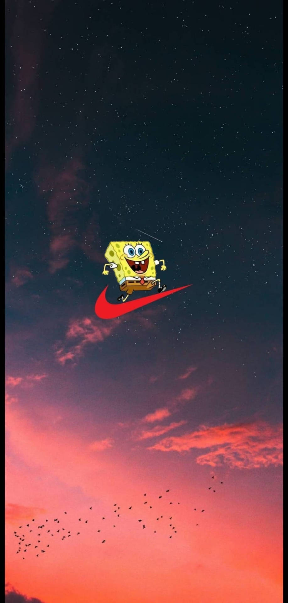 海綿寶寶騎著Nike勾勾，穿越星光閃爍的暮色天空，鳥兒在下方飛翔。