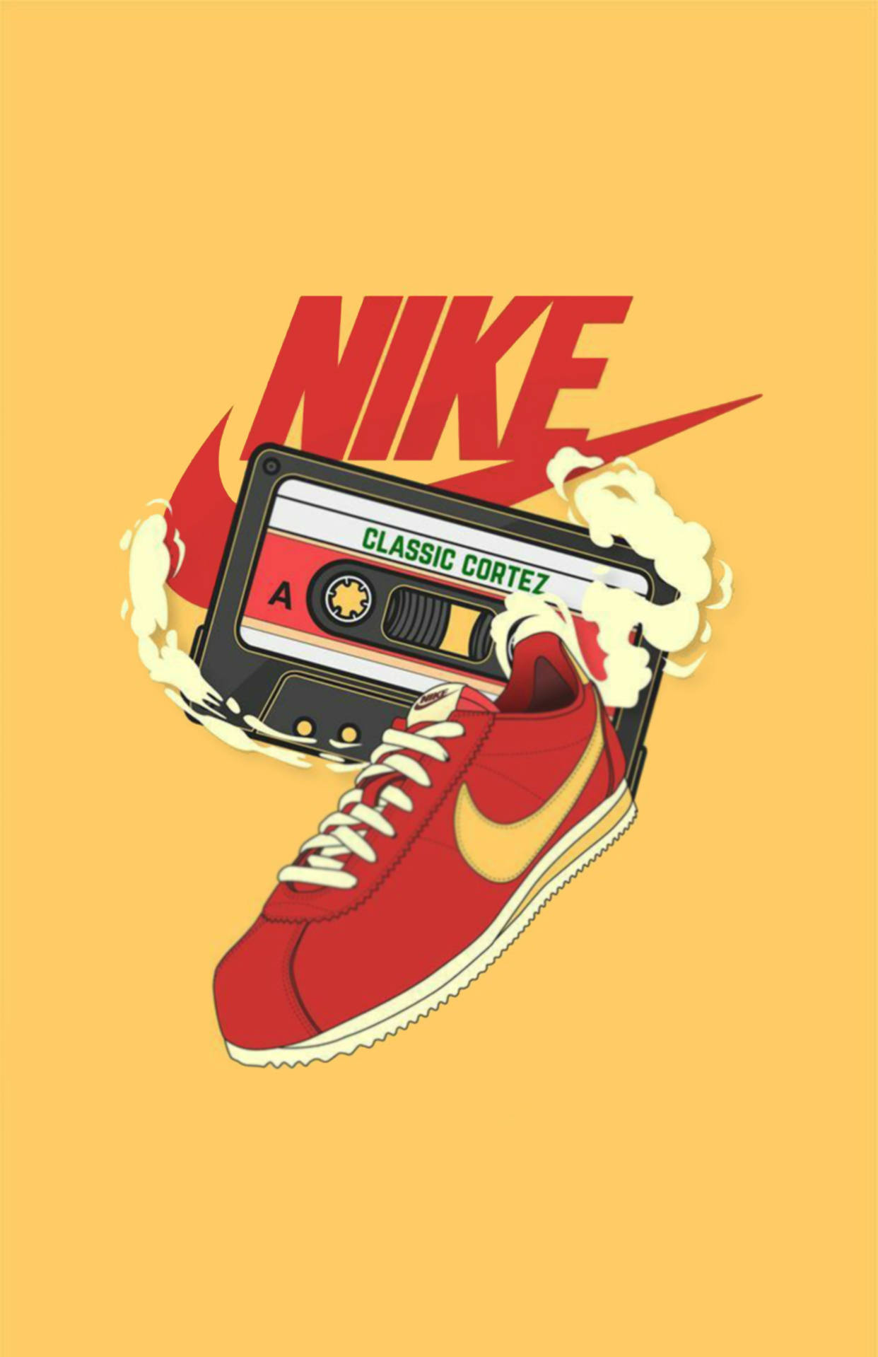 Nike卡通運動鞋藝術 壁紙 — 一對紅色Nike Classic Cortez運動鞋從卡式帶中爆出，帶有煙霧效果，背景為純黃色。