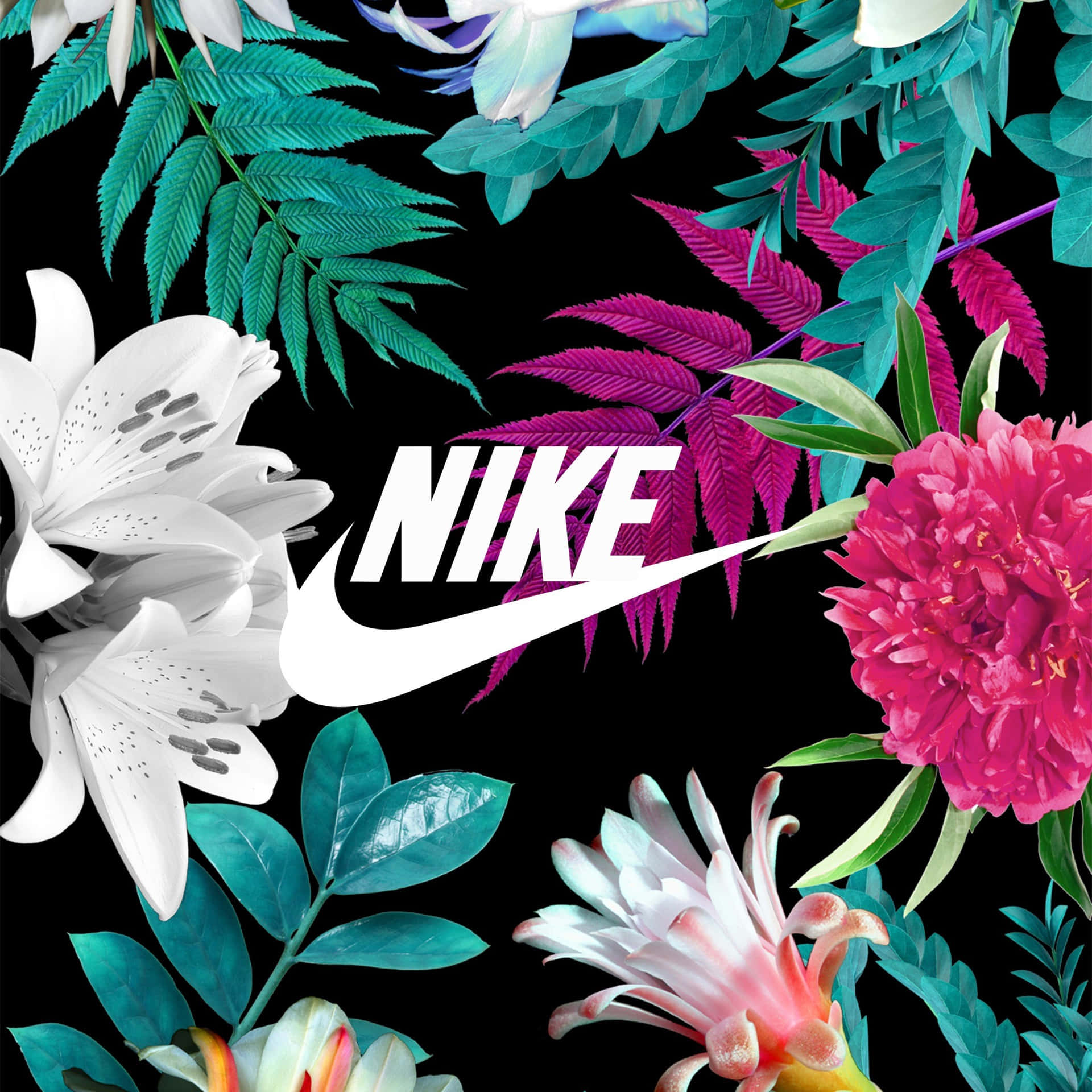 Nike標誌被色彩繽紛的熱帶花卉和葉子環繞，背景為黑色。