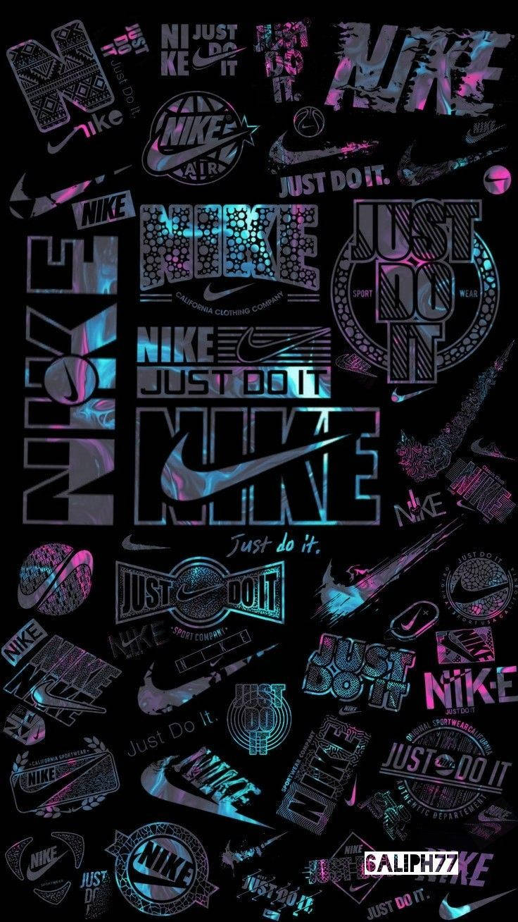黑色背景上的霓虹粉紅和藍色Nike標誌和口號。