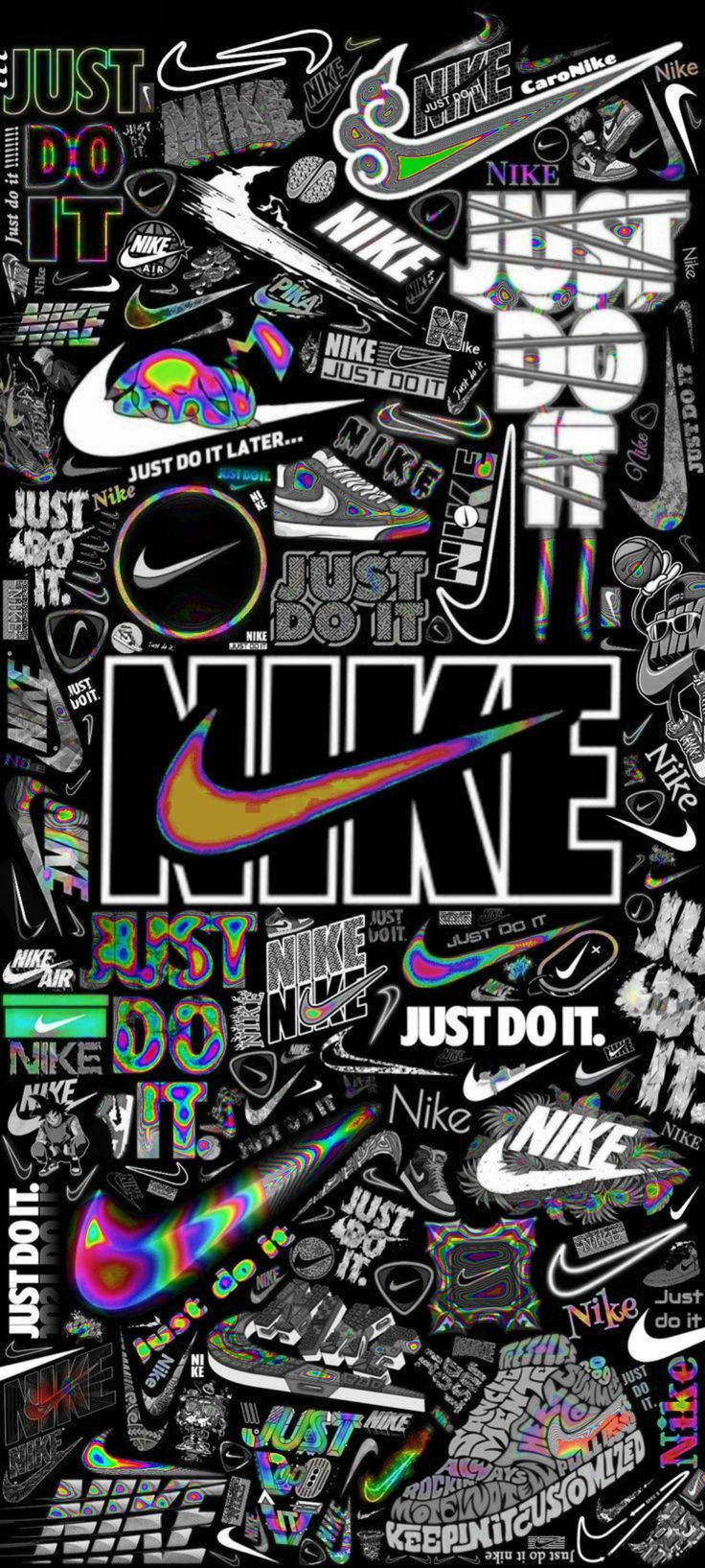 黑色背景上彩虹色Nike標誌、口號和運動鞋的牆紙拼貼畫。