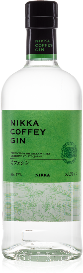日本威士忌Nikka Coffey Gin酒瓶 壁紙 — 一瓶透明的 Nikka Coffey Gin，帶有綠色標籤和植物插圖，背景為白色。