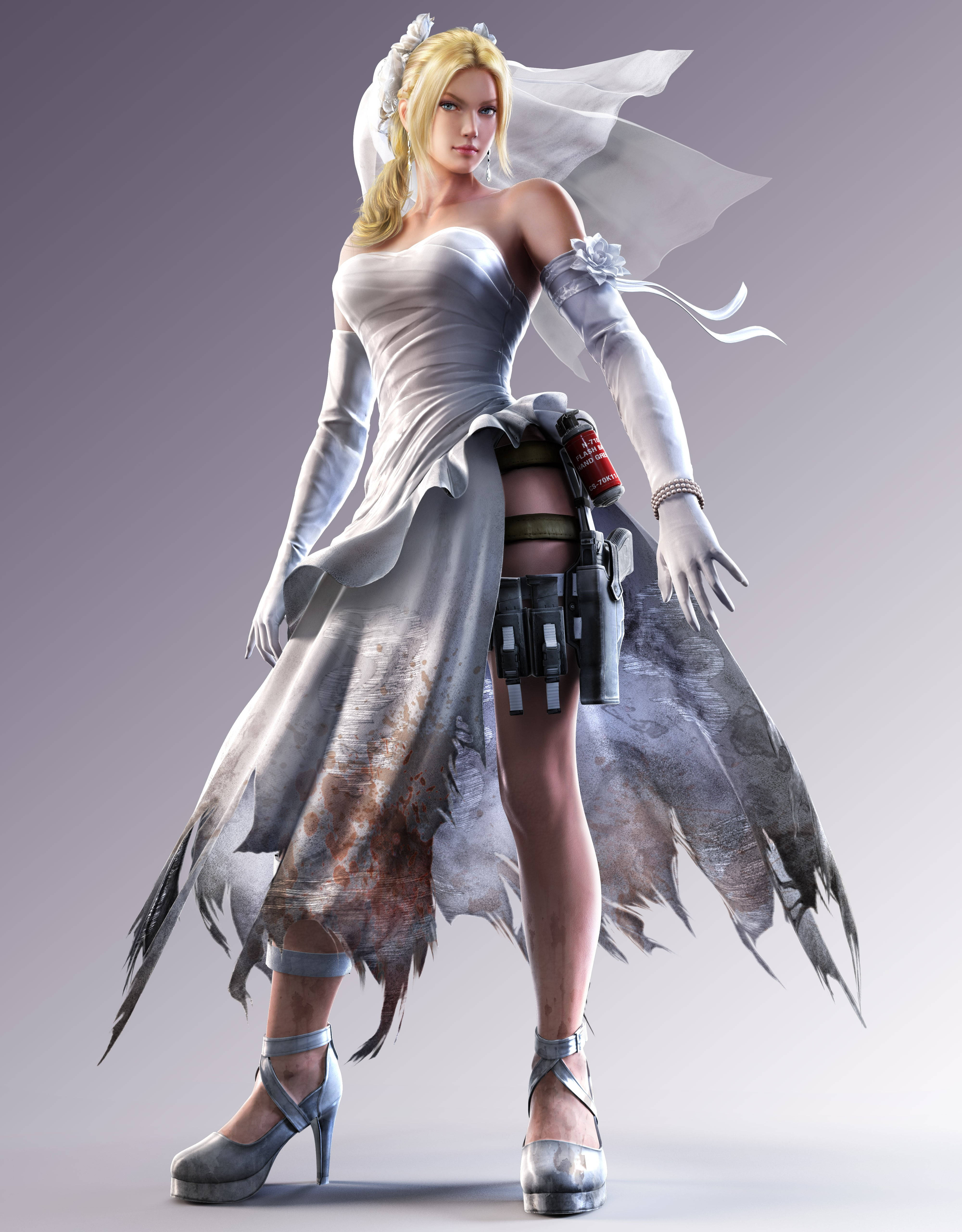 Nina Williams 血染婚紗 壁紙 — 一位金髮女子穿著破爛的白色婚紗，配備戰鬥裝備和高跟鞋，站在純灰色背景前。