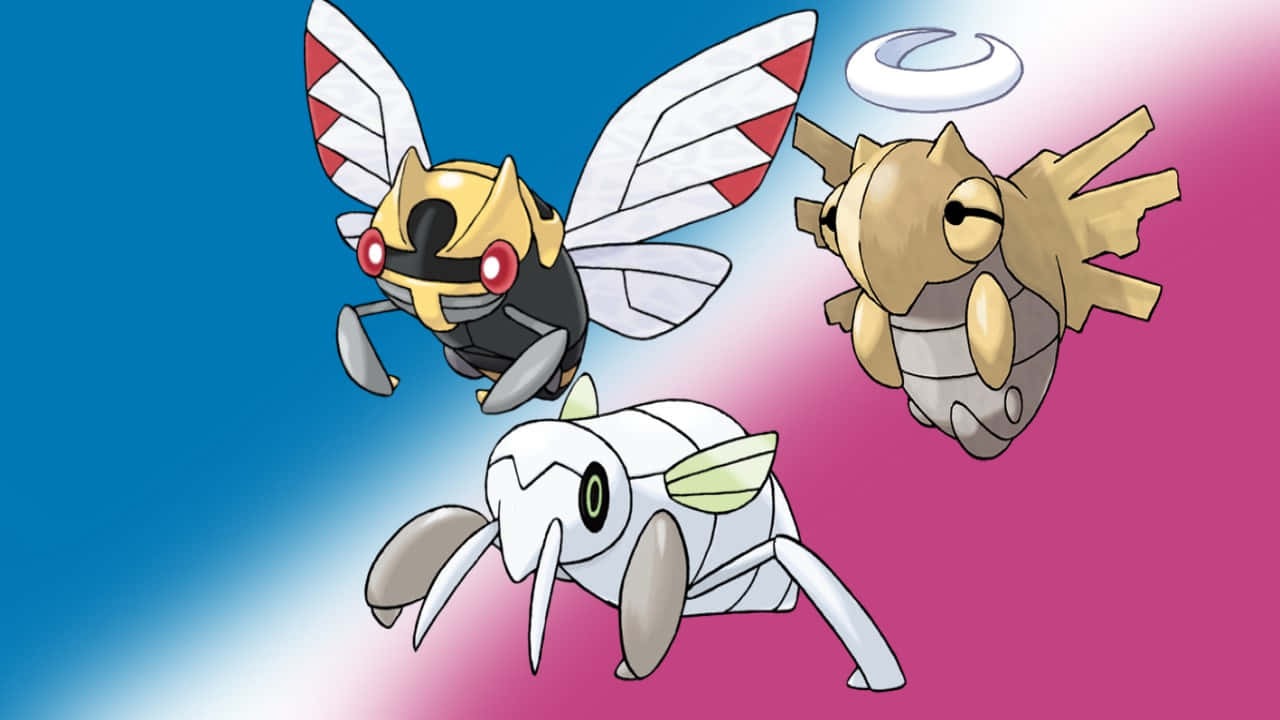 Nincada、Ninjask 與 Shedinja 梯度背景 壁紙 — 三隻風格化的寶可夢，具有昆蟲特徵，在藍色和粉紅色的漸變背景上動態飛行。