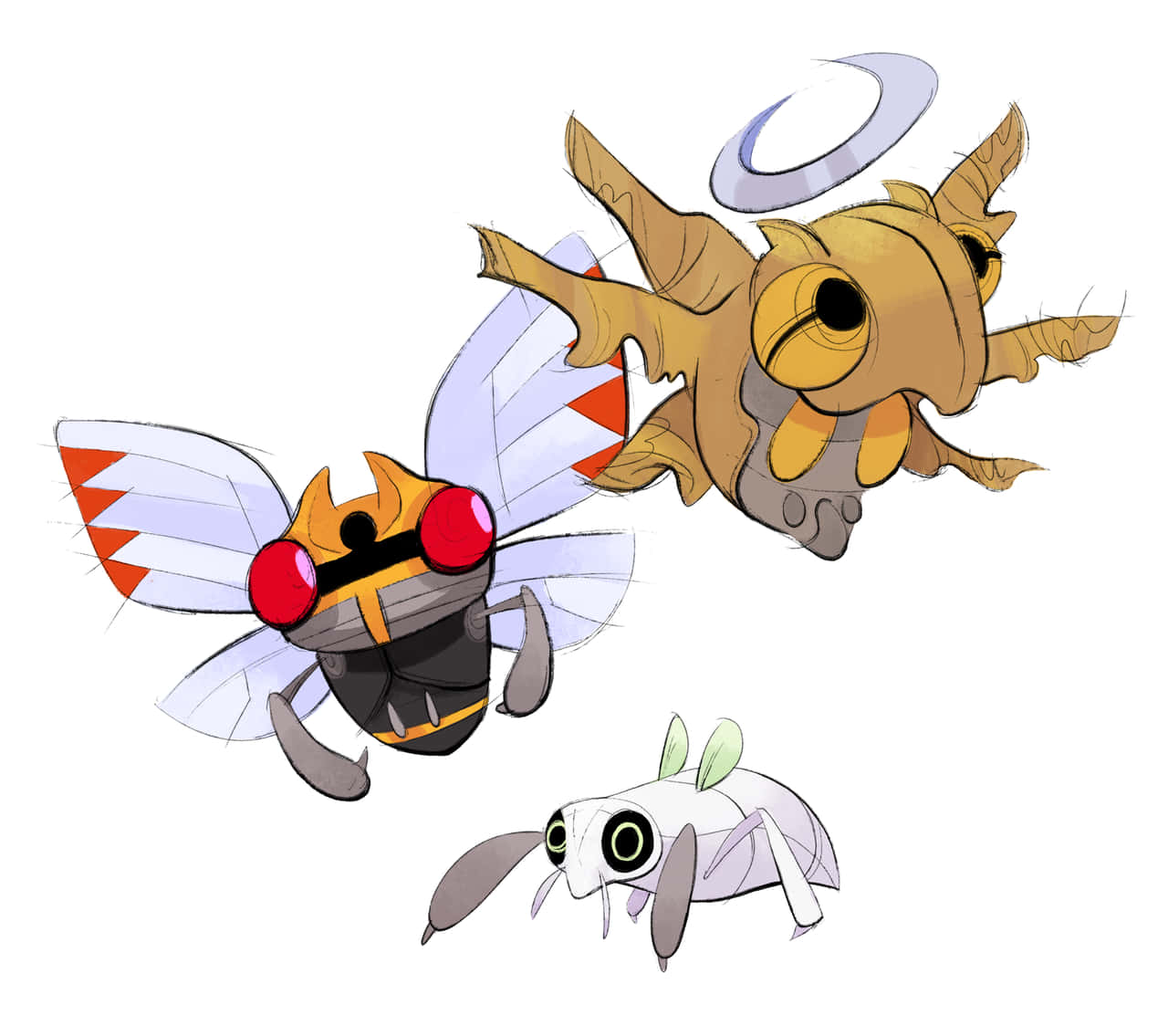 Nincada、Ninjask 與 Shedinja 壁紙 — 三隻異想天開的卡通昆蟲，擁有超大的眼睛和風格化的翅膀，漂浮在純白色背景上。