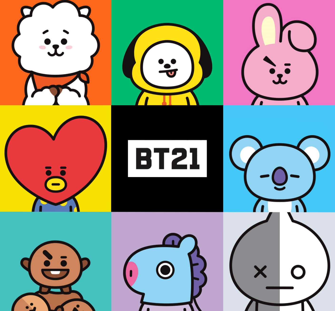 BT21角色系列，具有粗線條和鮮豔背景。
