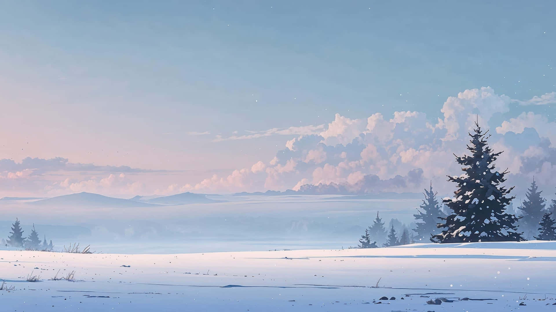  壁紙 — 寧靜的冬季景觀，白雪覆蓋的地面、松樹和暮色天空下柔和的粉彩雲朵。