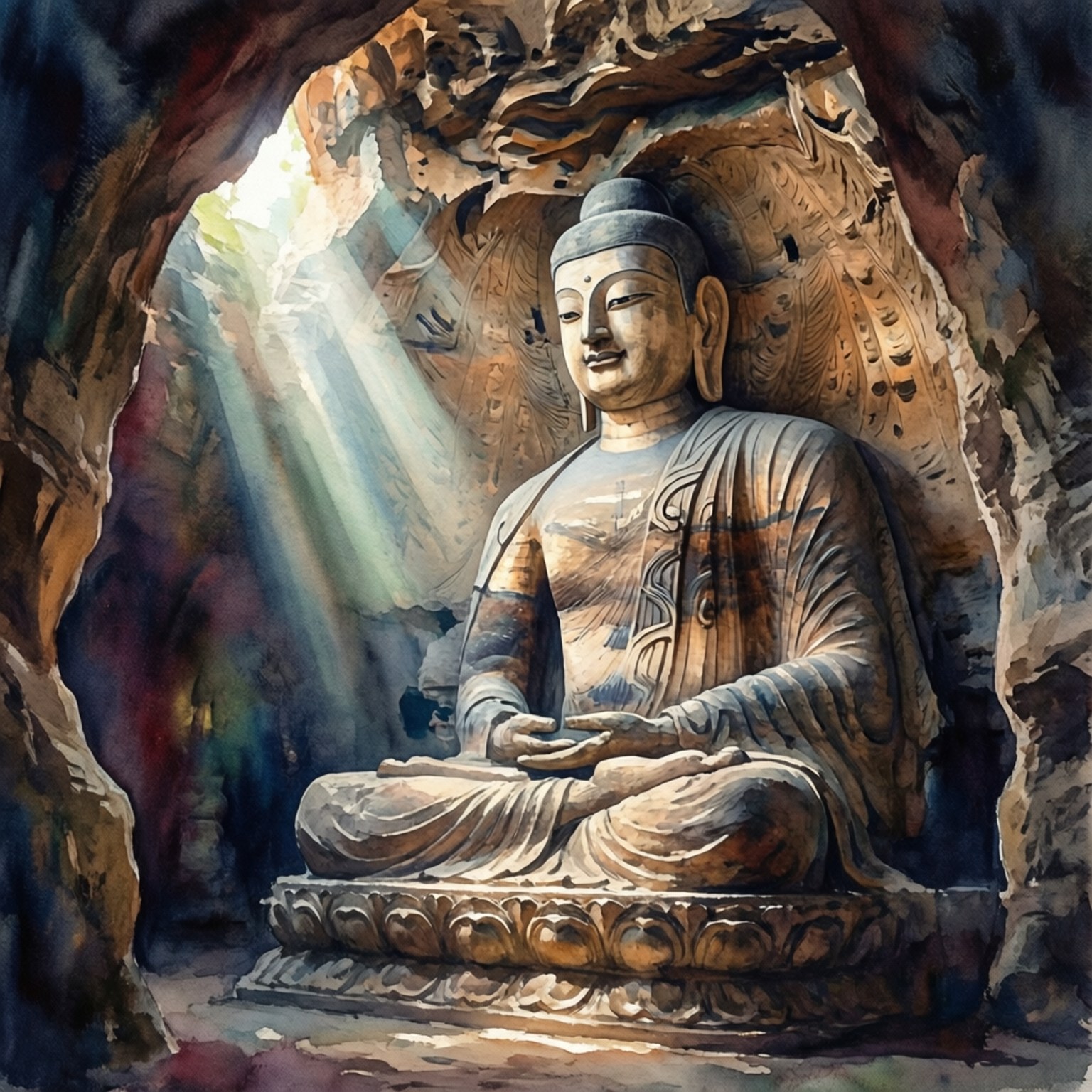 Buddha 桌布 壁紙 — 一尊寧靜的佛像在岩石洞穴中打坐冥想，神聖的光芒從上方的開口照射進來。
