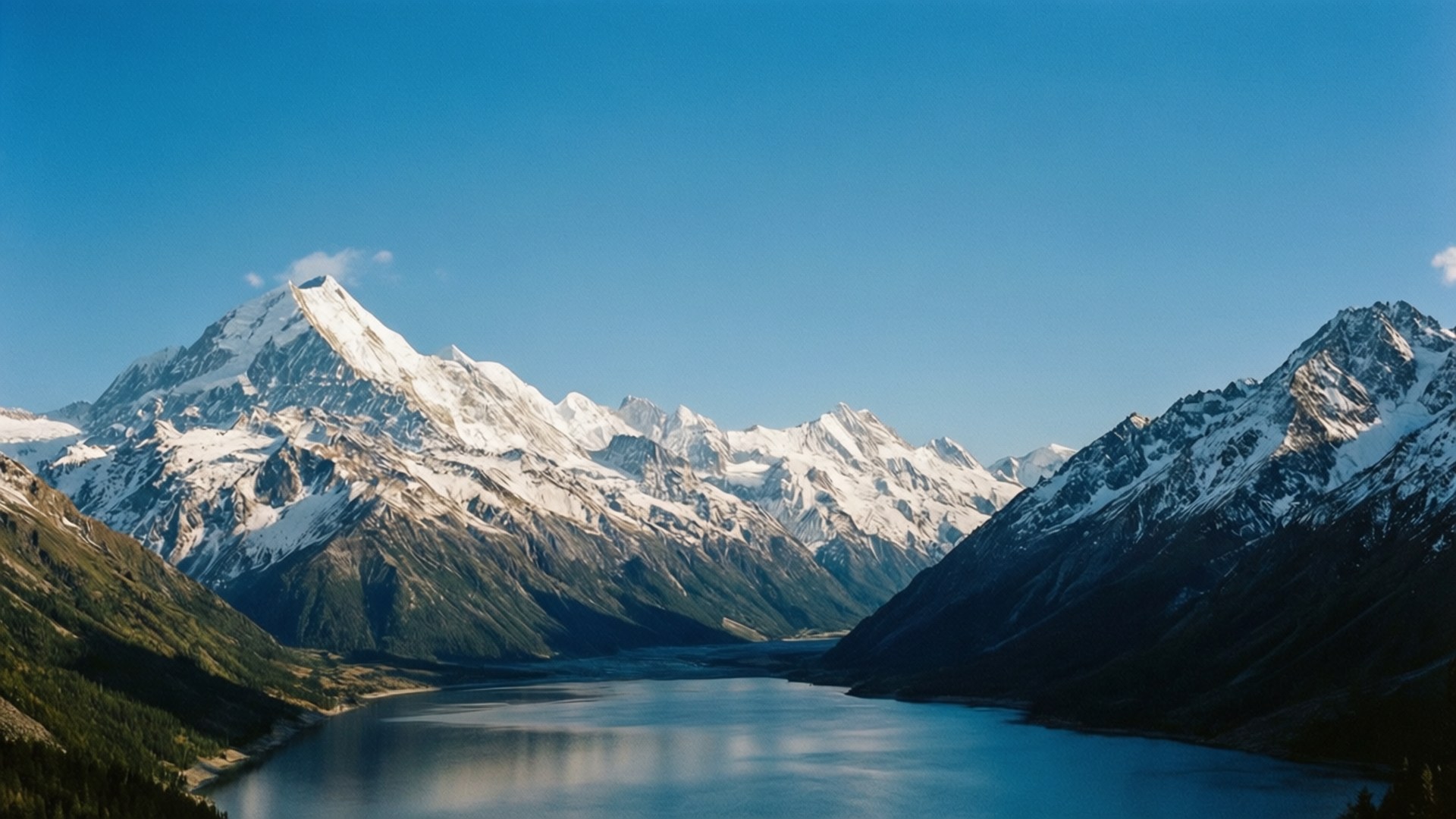 Webex 桌布 壁紙 — 寧靜的高山湖泊映照著白雪覆蓋的山峰，在清澈的藍天下，柔和陽光照亮崎嶇的山脊。