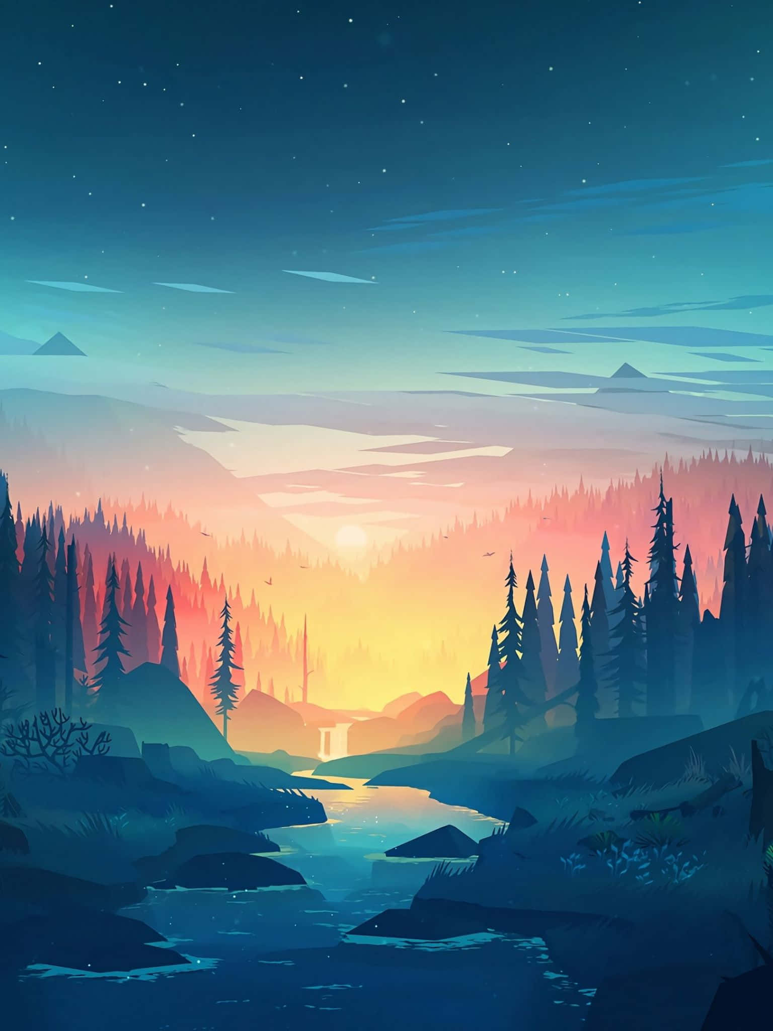 Sunset Painting 桌布 壁紙 — 寧靜的黃昏景觀，河流蜿蜒穿過松林，星空下帶有柔和漸變色調。