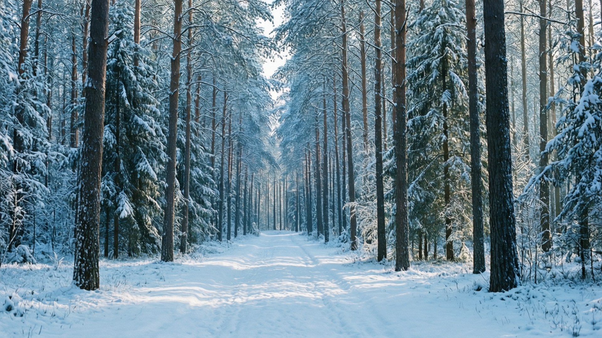 冬日陽光下，高大的松樹排列在積雪的森林小徑兩旁。