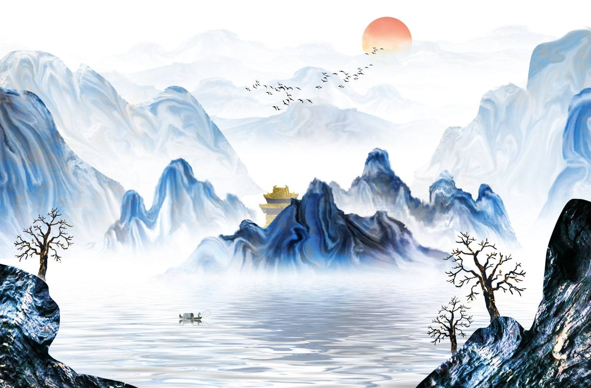 霧氣瀰漫的藍色山脈，有金色寶塔和飛向夕陽的鳥兒。