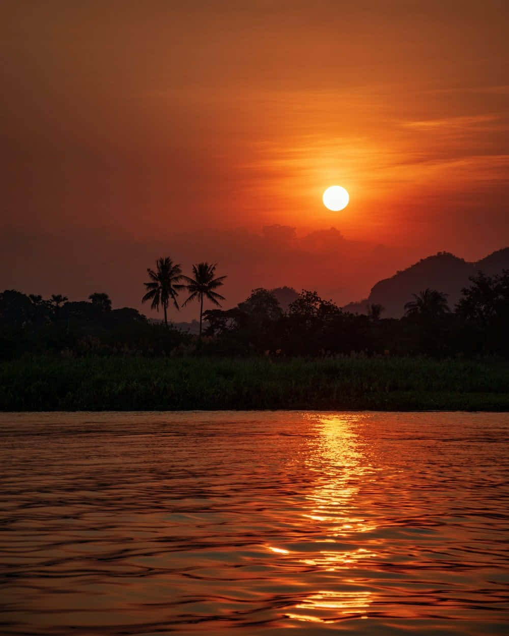 Sunset Photography 桌布 壁紙 — 寧靜的日落，平靜的河流，棕櫚樹和遠山在火紅的天空中形成剪影。