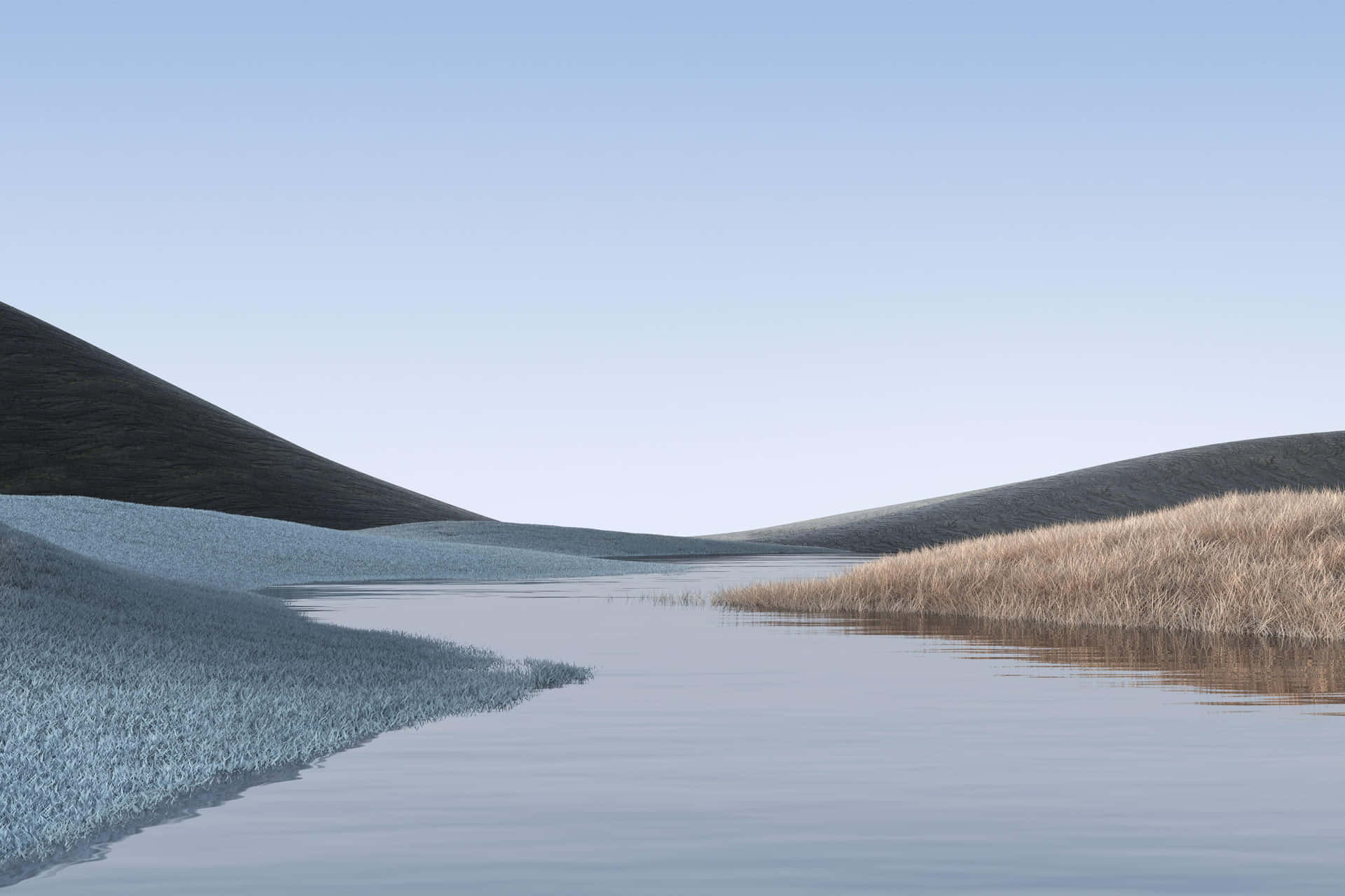  壁紙 — 寧靜簡約的風景，平靜的水流在紋理山丘之間流淌，上方是清澈的淡藍色天空。