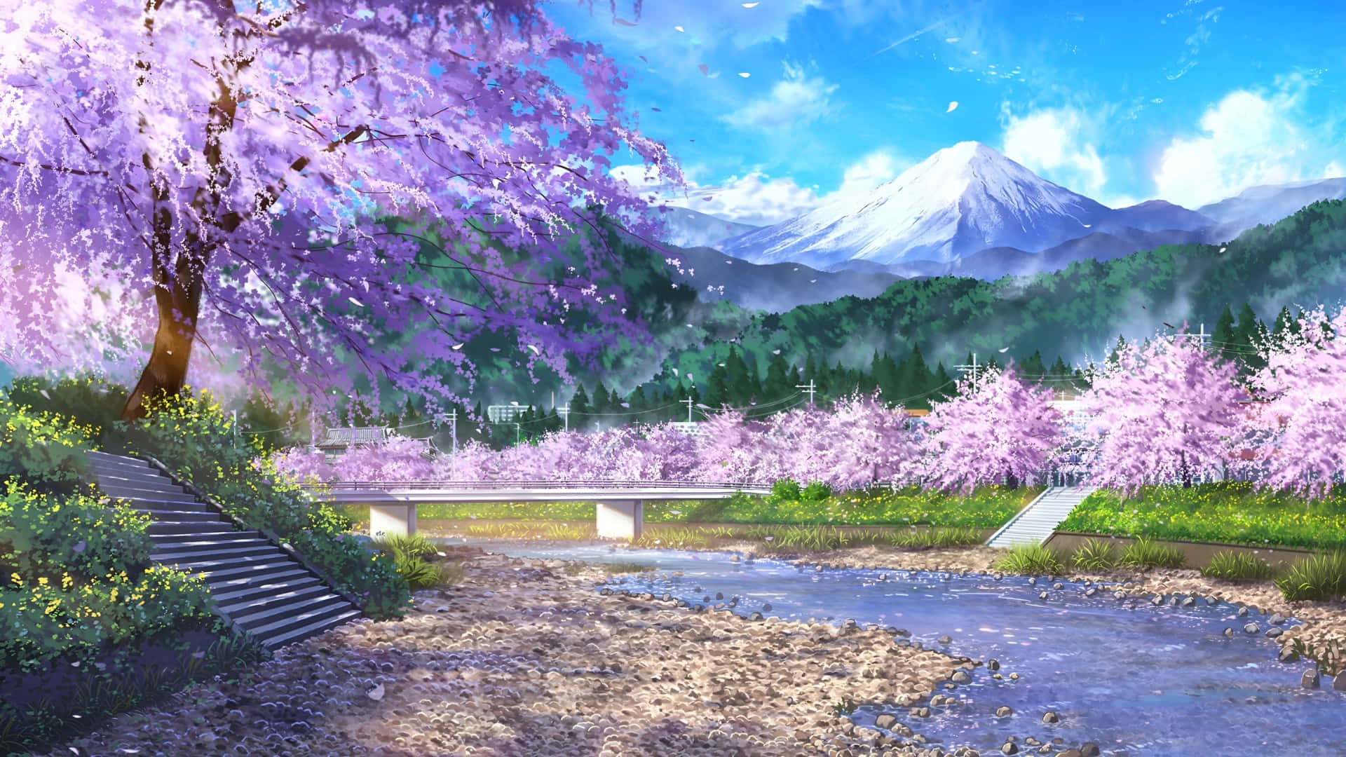  壁紙 — 寧靜的動畫風格場景，河邊盛開的櫻花樹，清澈藍天下遠方的富士山。