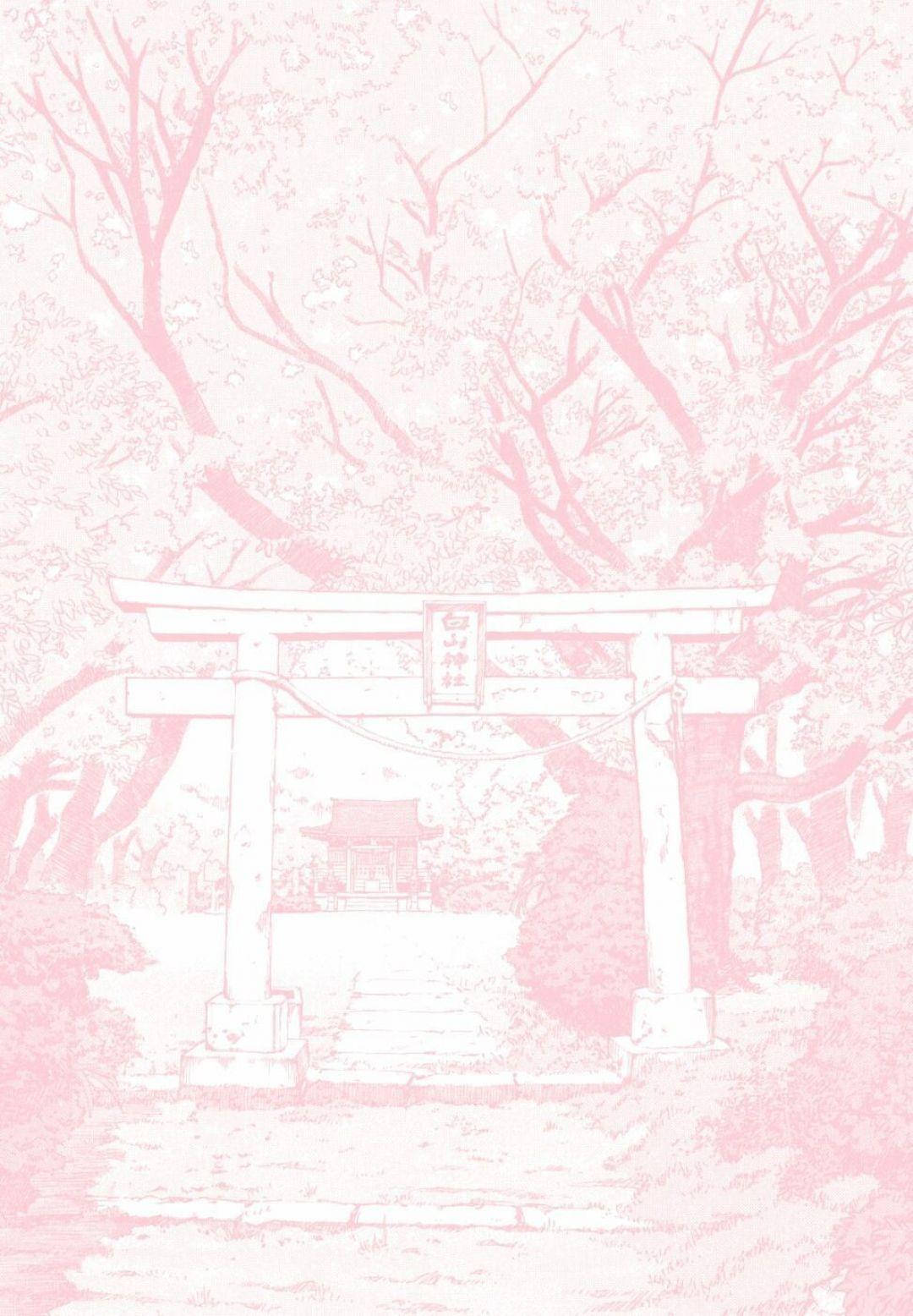 日本神社櫻花樹下的粉紅色插圖鳥居。 — 平板電腦 壁紙