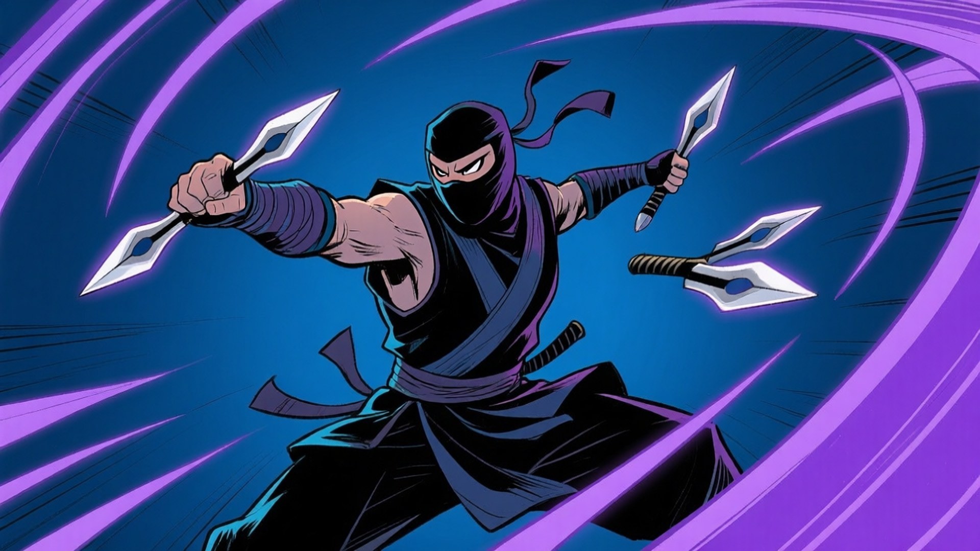 Ninja Action Cool Drawing 壁紙 — 一個戴著面具、身穿黑色盔甲的忍者向前衝刺，揮舞著三枚發光的紫色手裏劍，背景是旋轉的藍色和紫色。