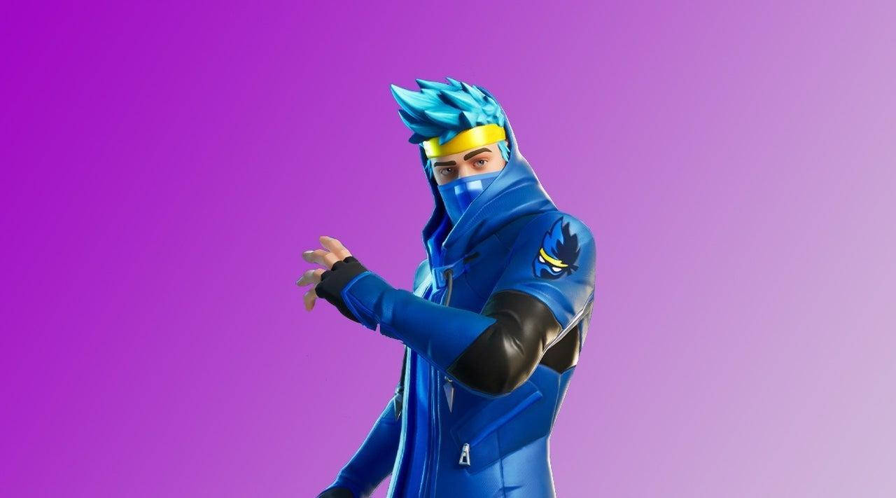 Fortnite角色穿著藍色服裝、尖刺頭髮，在紫色背景前擺姿勢