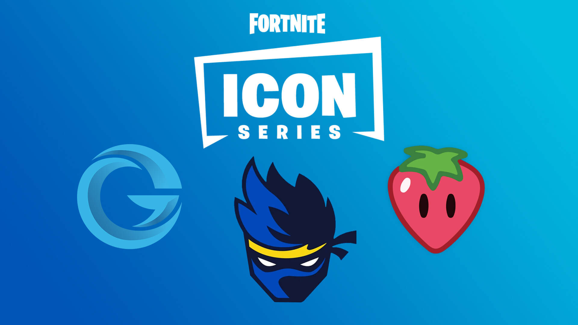 Ninja Fortnite 融資標誌 壁紙 — Fortnite Icon Series 標誌，帶有風格化忍者頭草莓和齒輪圖標，背景為漸變藍色。