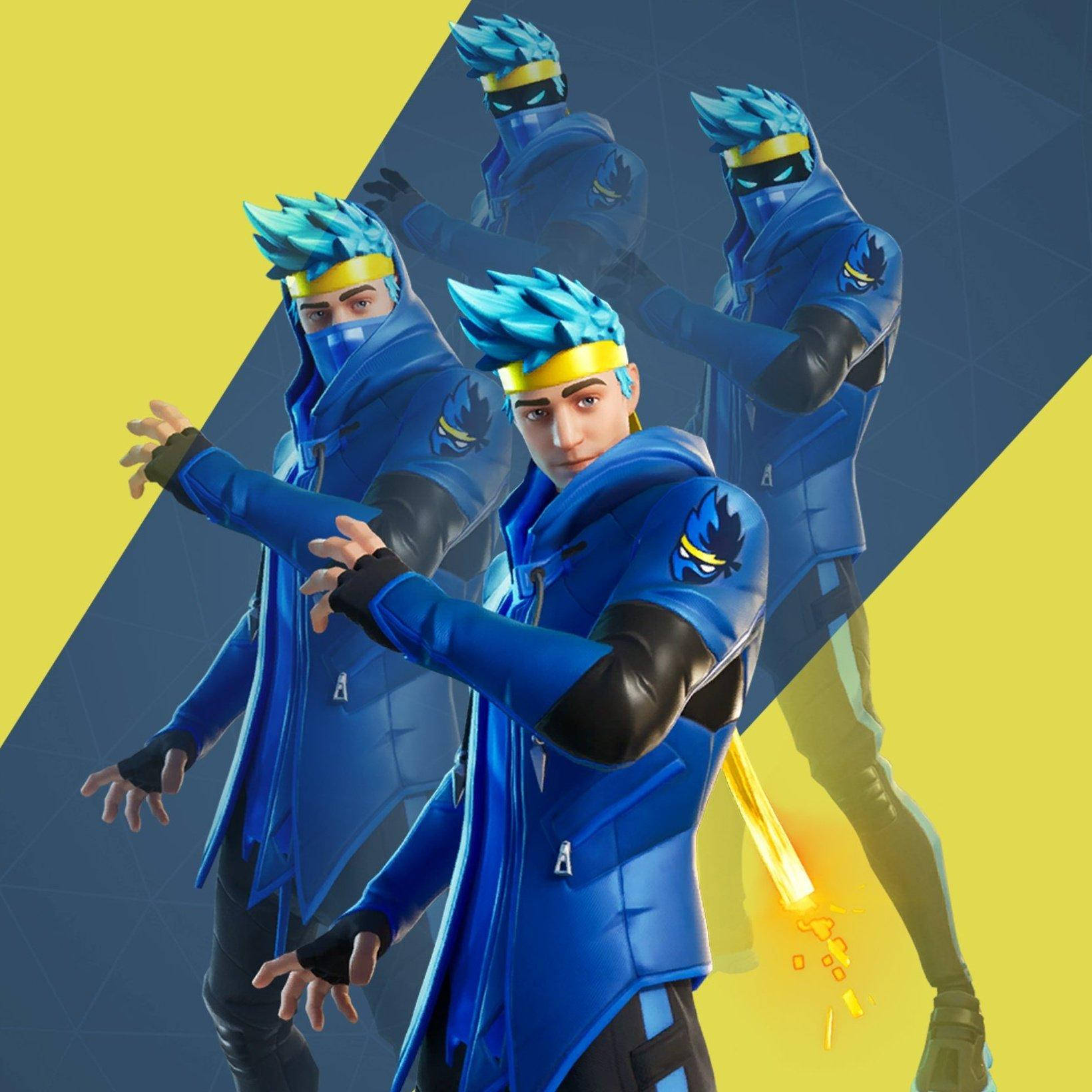 Fortnite忍者角色穿著藍色裝備，手持發光劍擺姿勢
