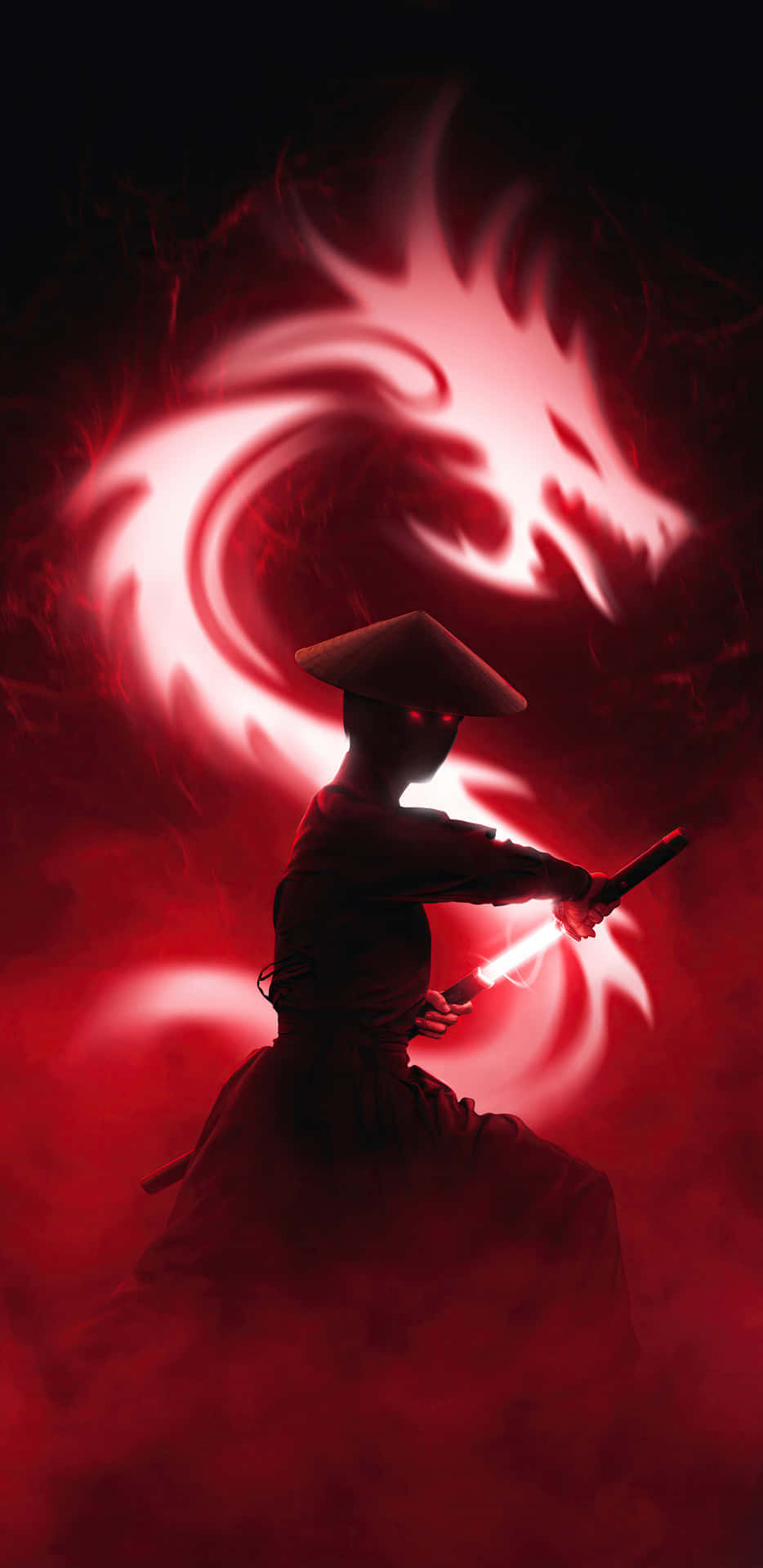  壁紙 — 一個剪影忍者戰士在黑暗煙霧背景前，對著盤旋的紅龍揮舞發光的劍。