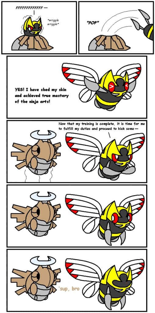 Ninjask 與 Shedinja 漫畫條 壁紙 — 一則連環漫畫顯示一隻像蜜蜂的寶可夢脫去舊皮成為忍者，然後向一隻困惑的寶可夢打招呼說「嘿，兄弟」。
