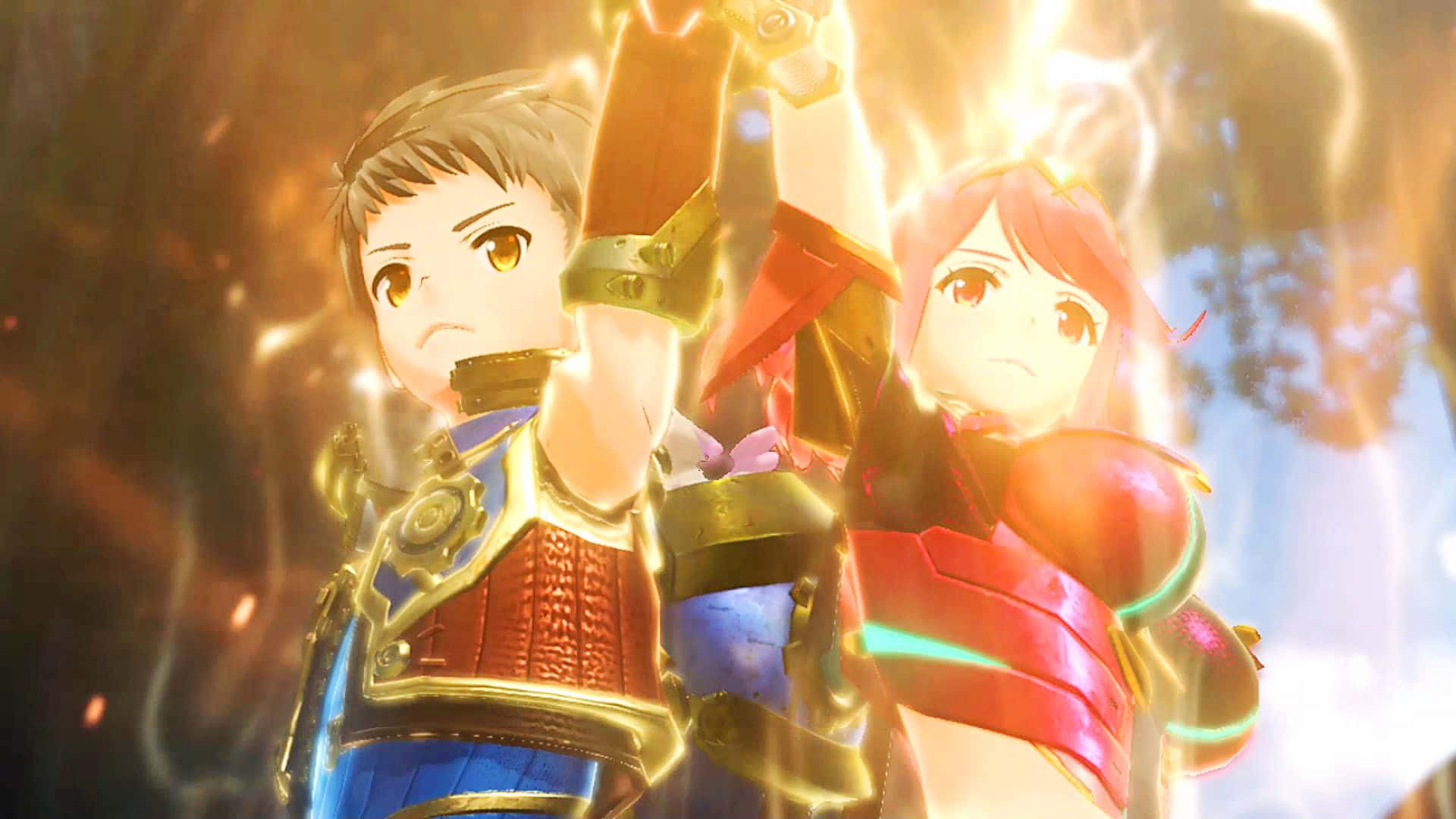 在Nintendo Switch上體驗《異度神劍》新章節 壁紙 — 兩個身穿發光盔甲的動漫角色舉起武器，金色能量在他們周圍爆發，形成一個戲劇性的戰鬥場景。