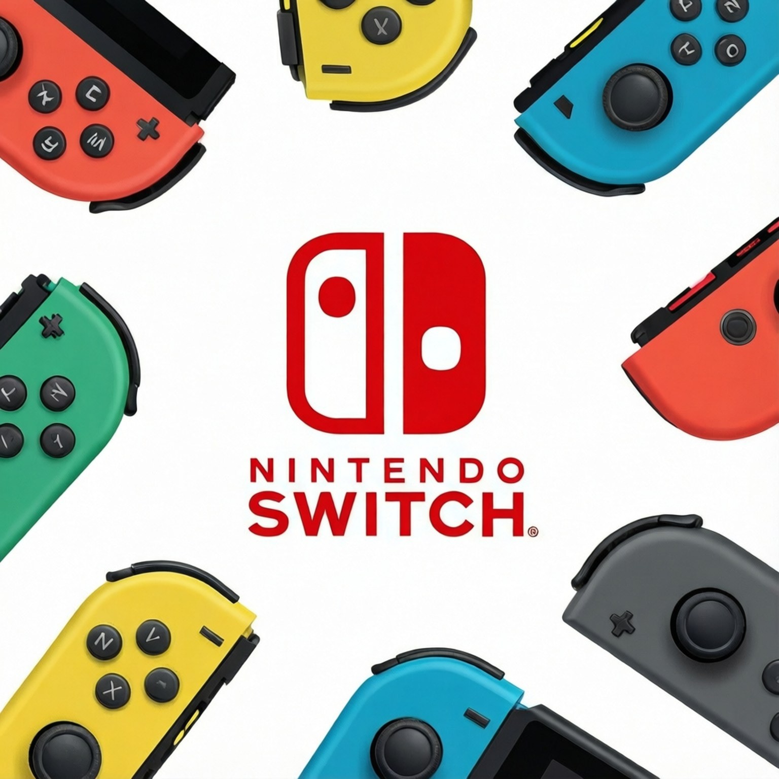 彩色 Nintendo Switch Joy-Con 控制器排列在白色背景上的紅色 Nintendo Switch 標誌周圍。
