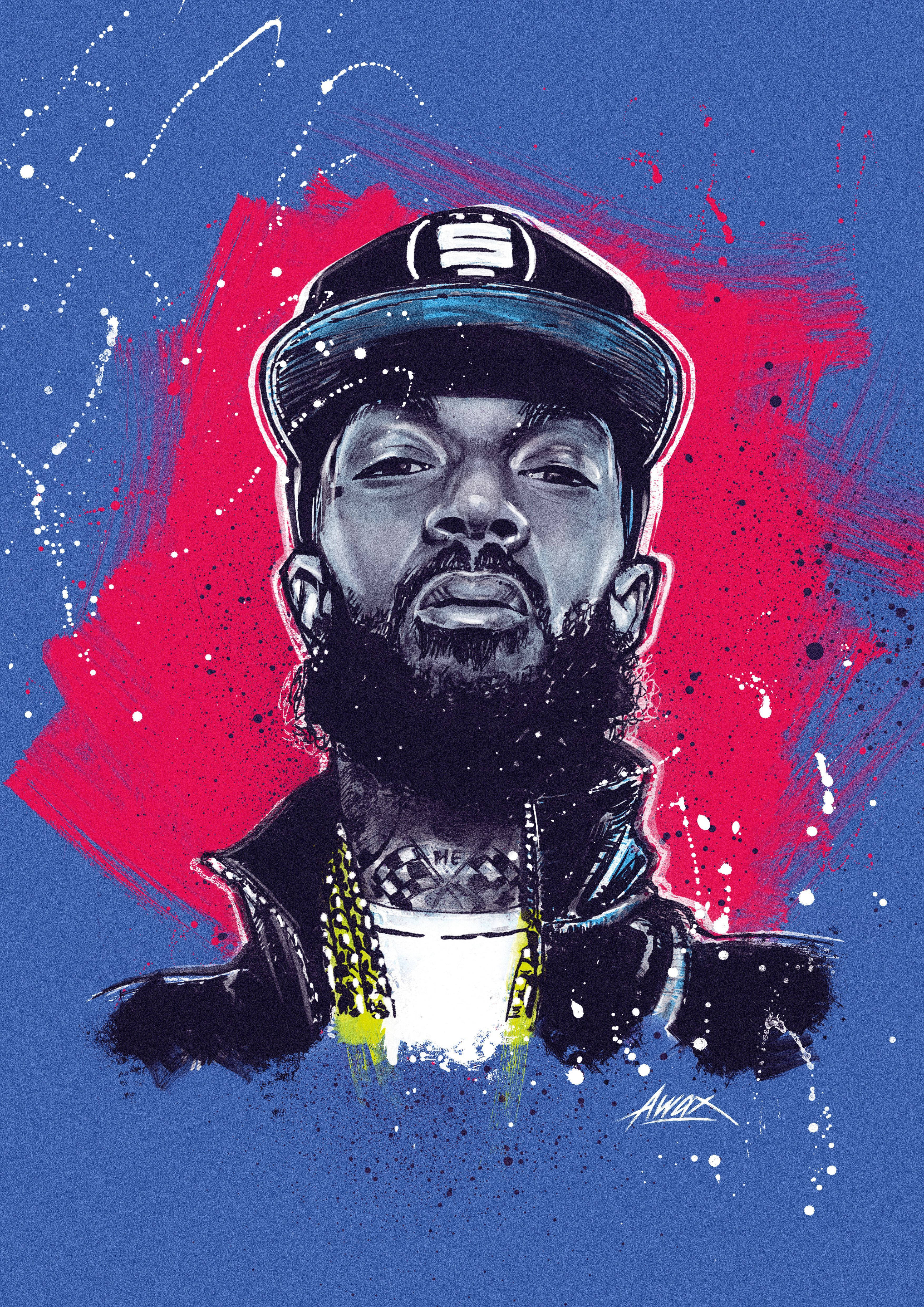 關於已故饒舌歌手Nipsey Hussle的藝術作品 壁紙 — 一個風格化的數碼肖像，戴帽子的鬍鬚男，背景是鮮豔的藍色和紅色潑濺。