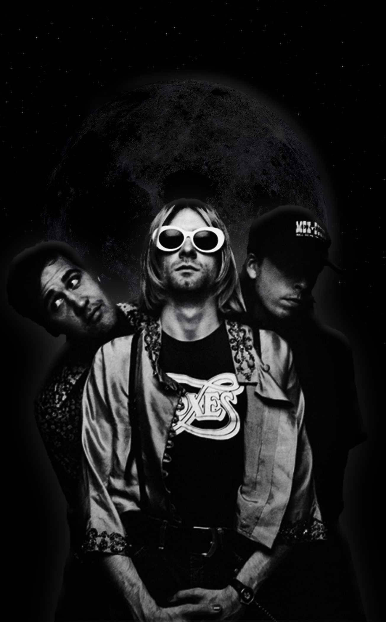 經典 Nirvana 樂團的幽默時刻 壁紙 — 三個黑白人物在星空背景下戲劇性地擺姿勢，身後有一輪大月亮。