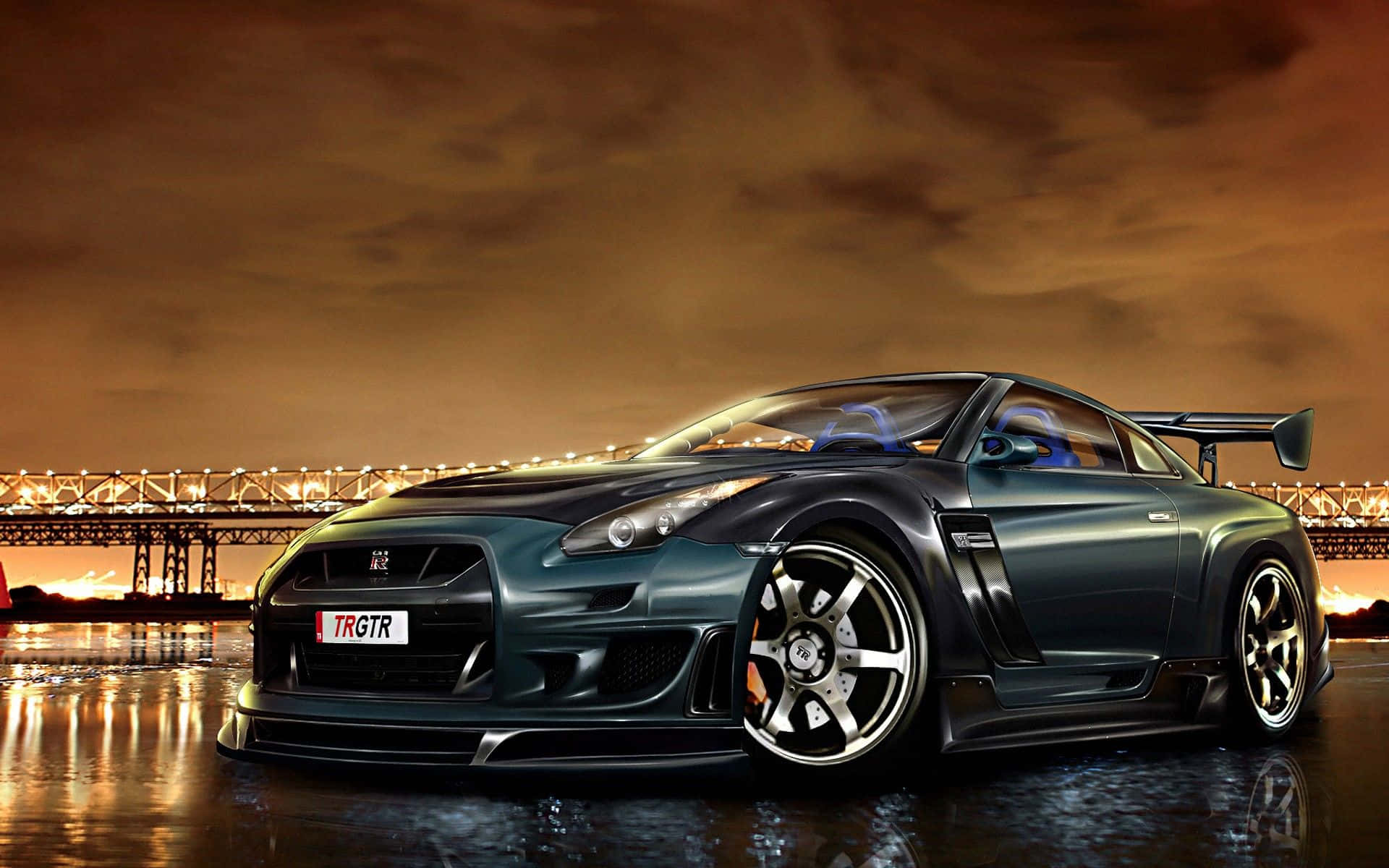 濕地表面的 Nissan Skyline GTR，遠處橋樑燈光點綴 壁紙 — 一架時尚的深綠色日產GT-R跑車在溫暖的暮色燈光下閃耀，旁邊是反射著光線的水道，背景有一座橋。