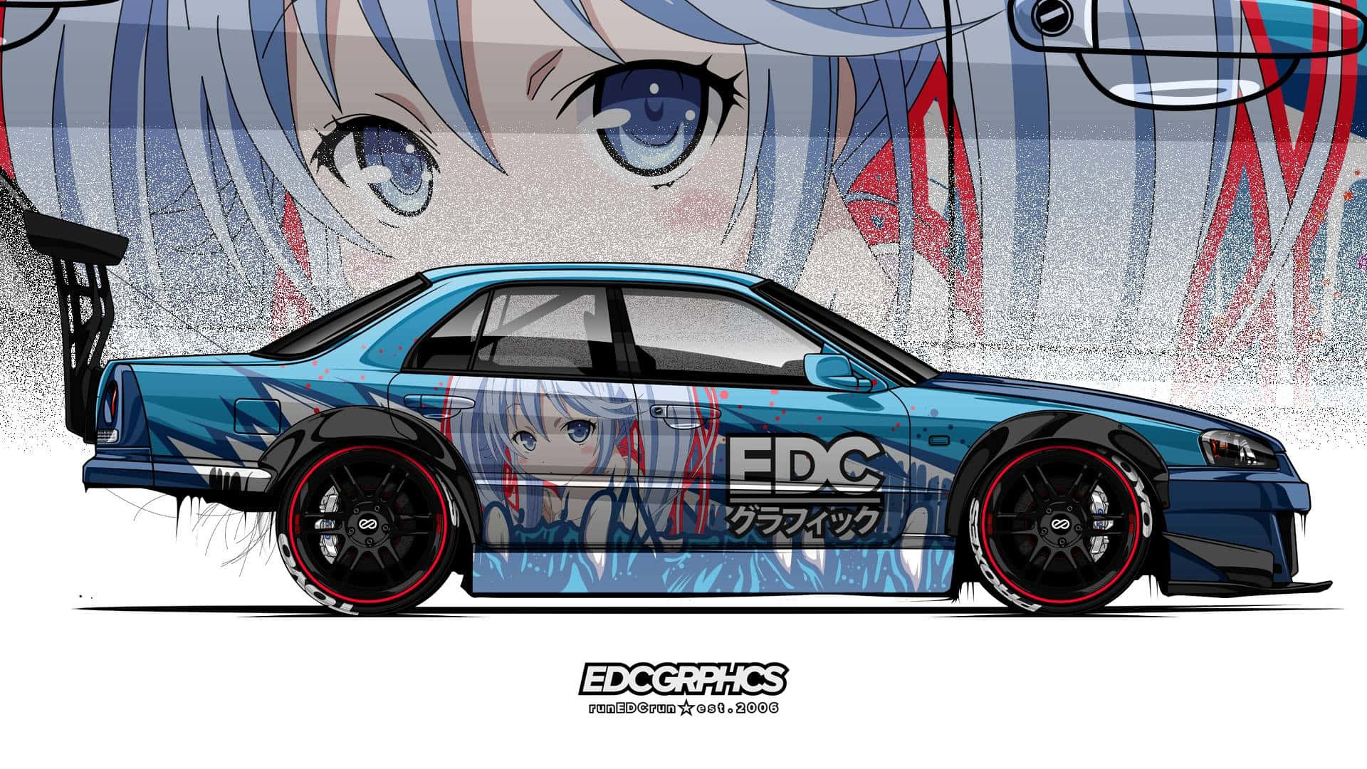 藍色動漫漂移車，帶女孩臉部貼膜和紅色輪圈。